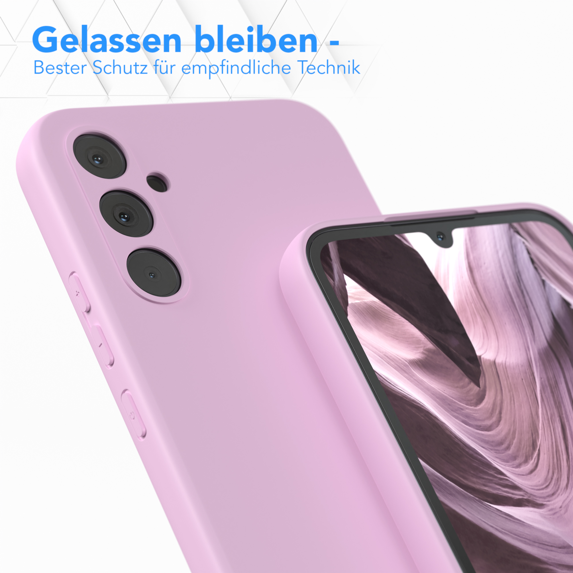 Rosa Handyhülle, schwarze Kamera, und Bildschirm. Text oben.