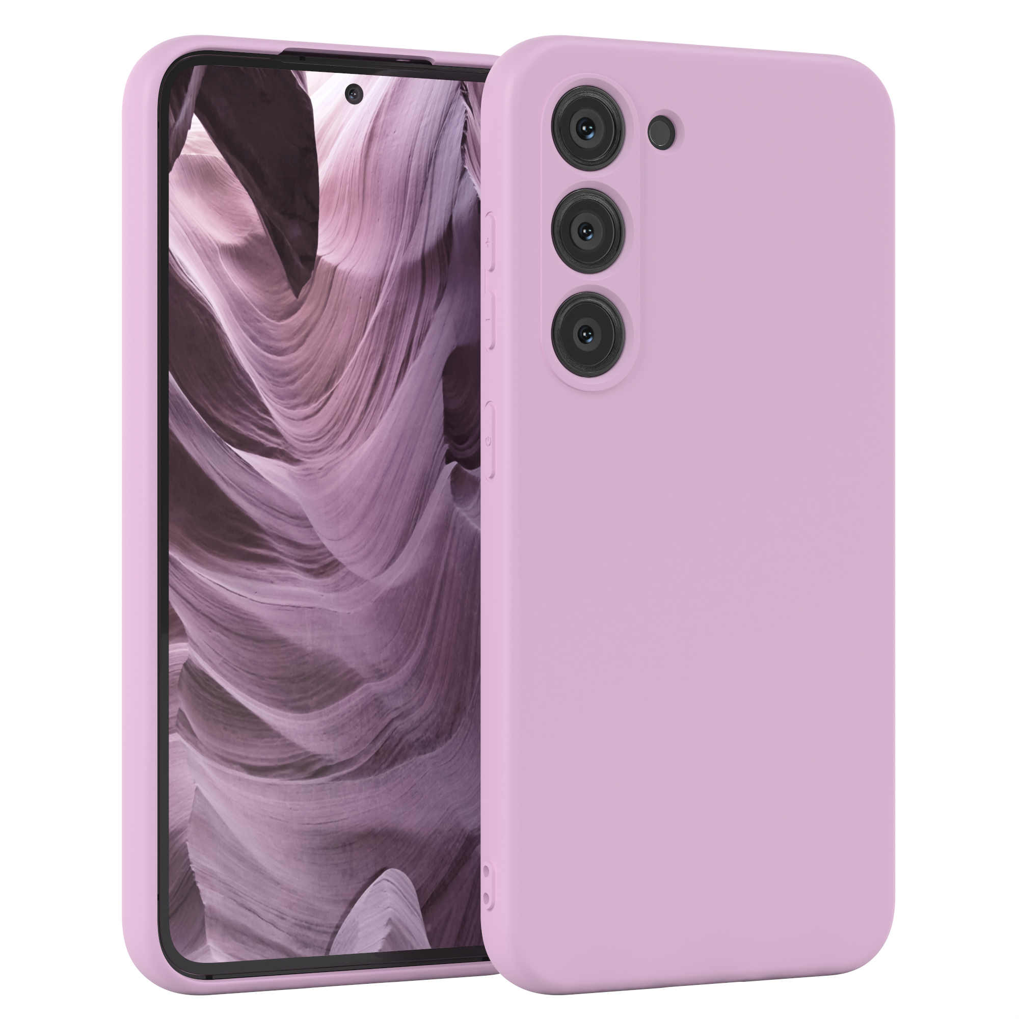 Pinke Handyhülle mit Telefon. Das Telefon hat drei Kameras.