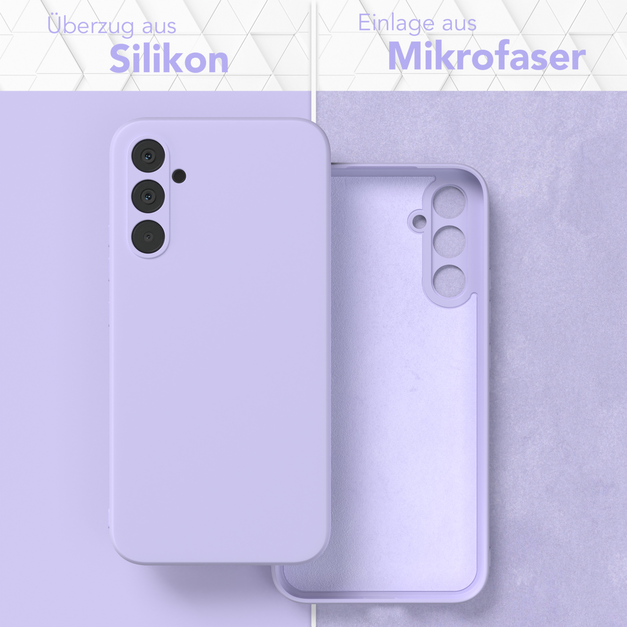 Lila Handyhülle, mit einem Telefon darin. Eine Seite zeigt die Hülle, die andere ist offen.