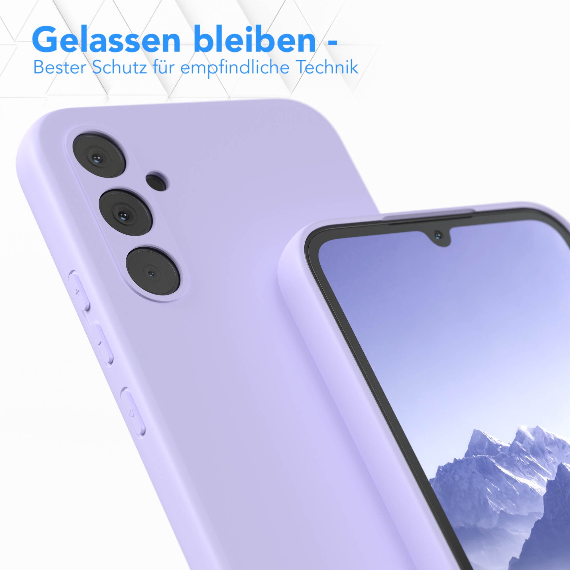 Lila Handyhülle neben einem Telefonbildschirm mit Bergen.