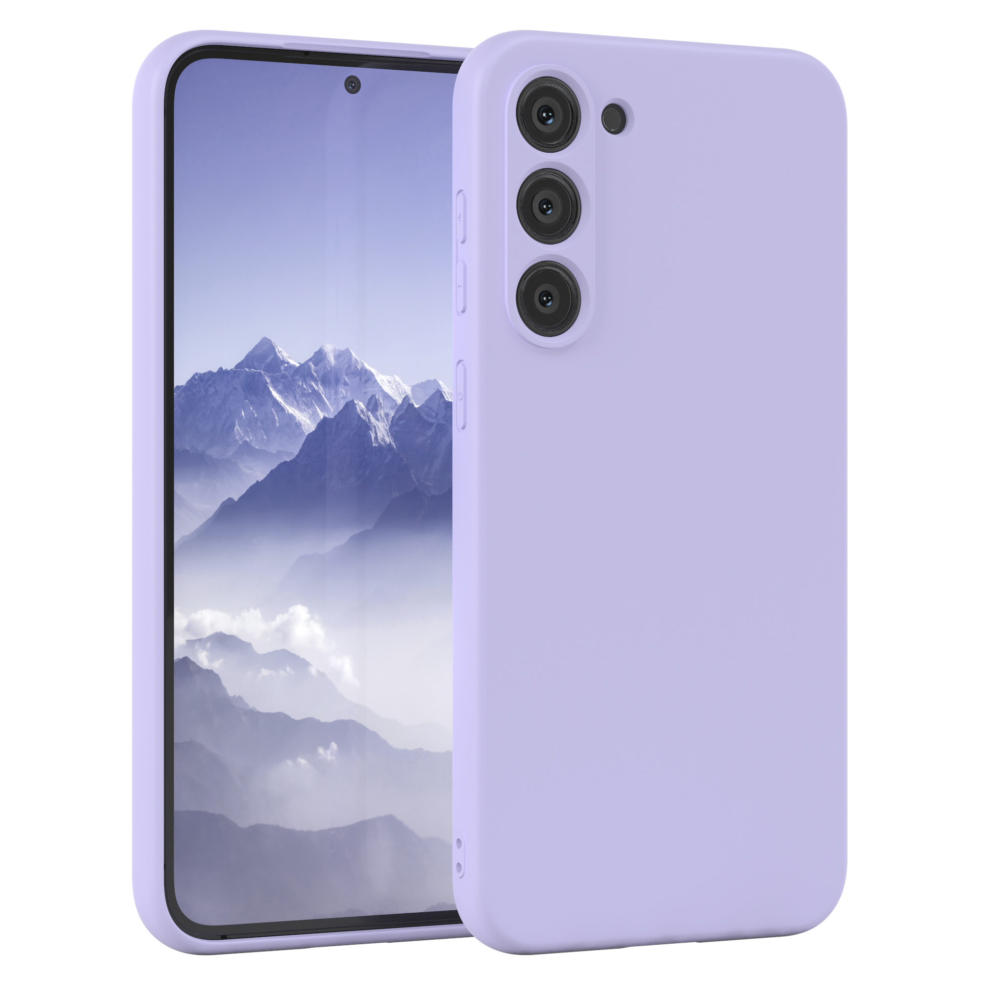 Lila Telefon mit lila Hülle. Das Telefon hat drei Kameras auf der Rückseite.