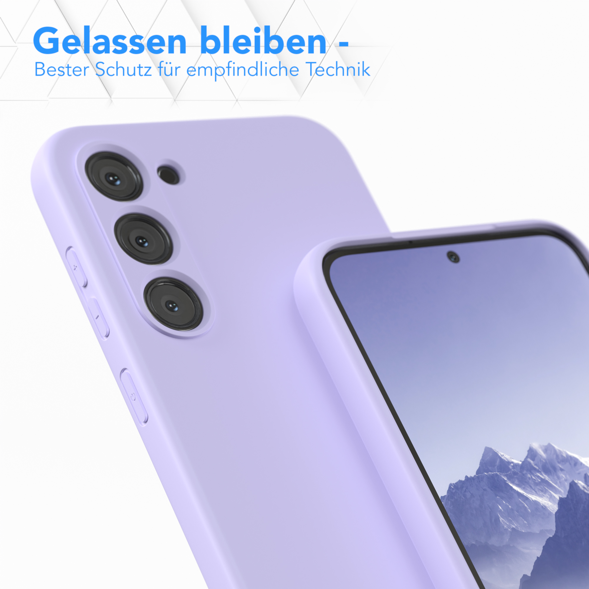 Lila Handyhülle, Nahaufnahme. Text auf Deutsch. Das Telefon liegt neben der Hülle.