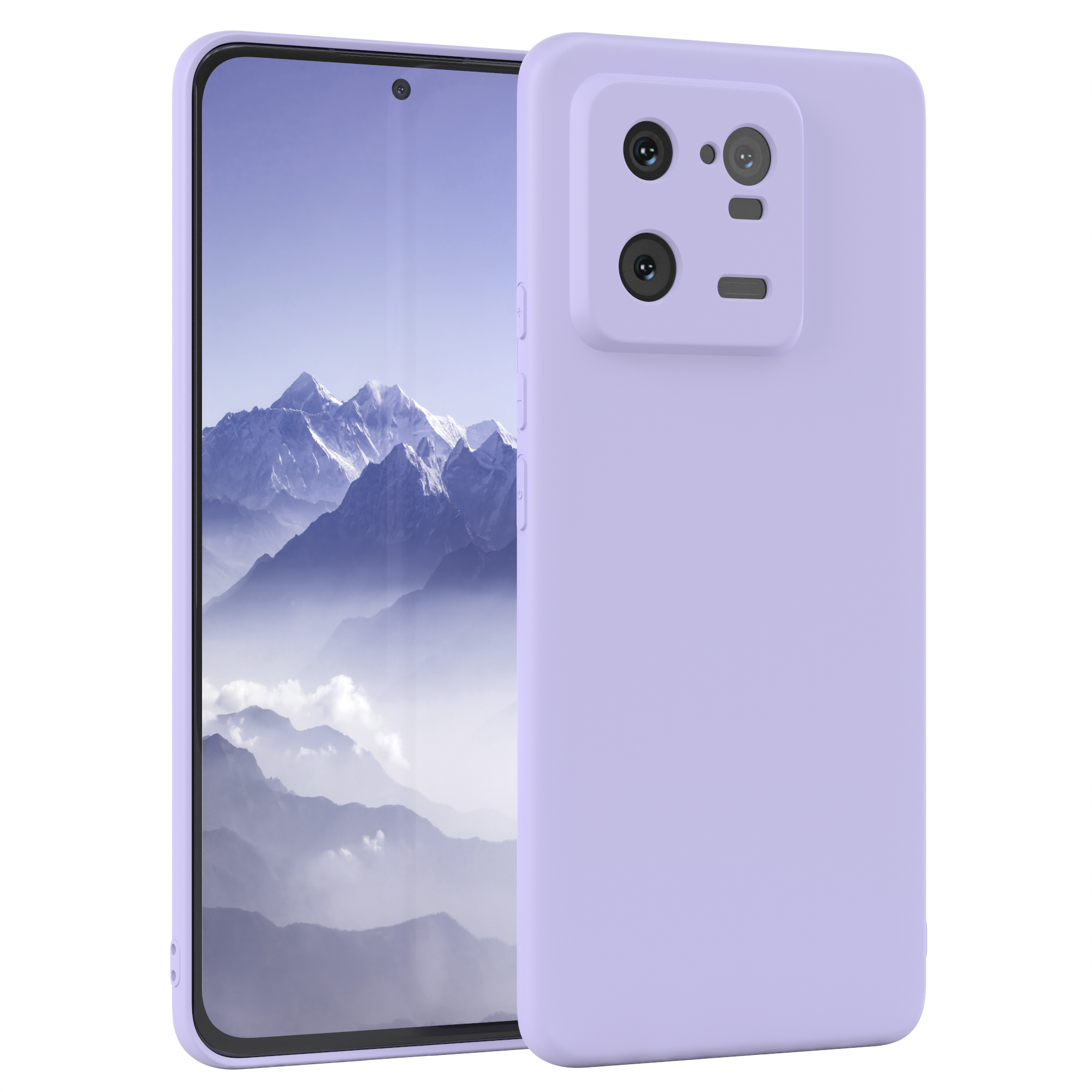 Ein lila Telefon in einer lila Hülle, mit sichtbarer Telefonkamera. Weißer Hintergrund.