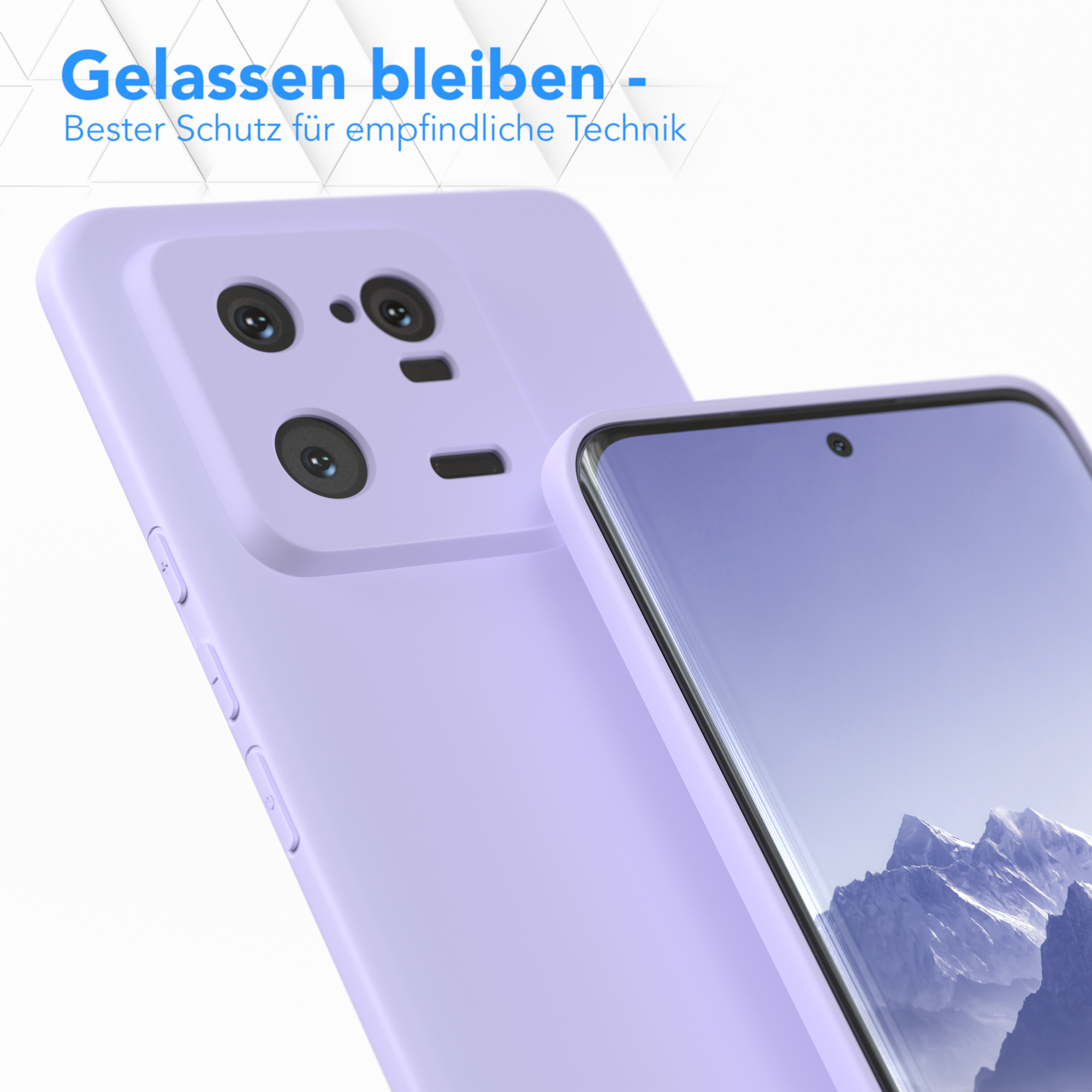 Zwei lavendelfarbene Handyhüllen. Eine zeigt die Kamera. Text: 'Gelassen bleiben - Bester Schutz für empfindliche Technik'.