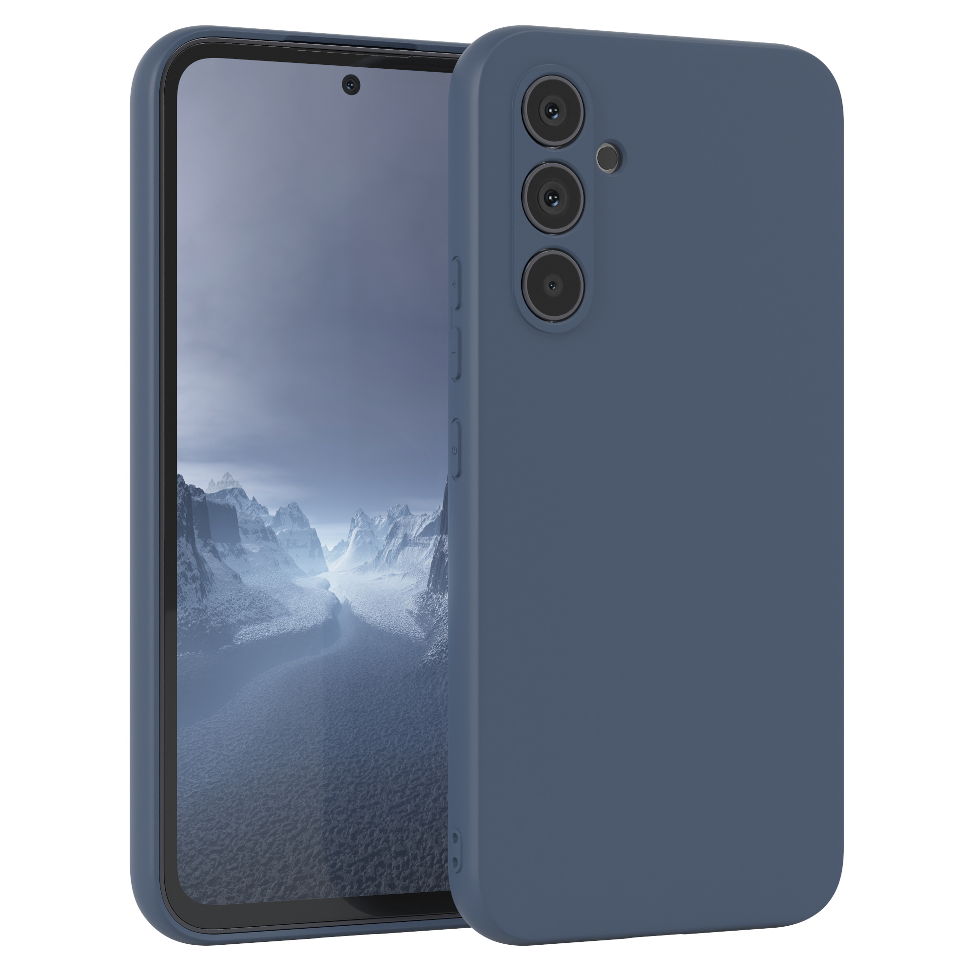 Eine blaue Handyhülle mit drei Kameralinsen auf der Rückseite und ein dunkelblaues Handy auf Weiß.