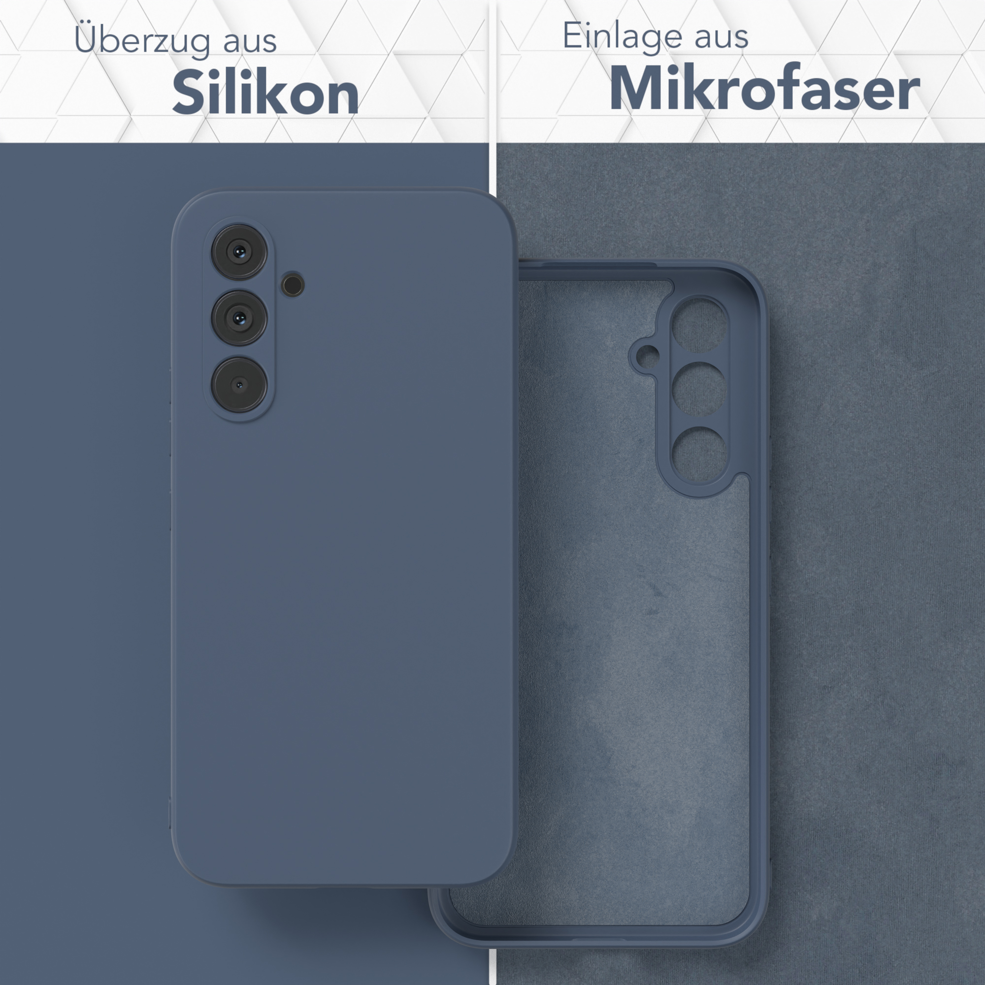 Zwei Handyhüllen, eine blaue und eine transparente, mit Text auf Deutsch.