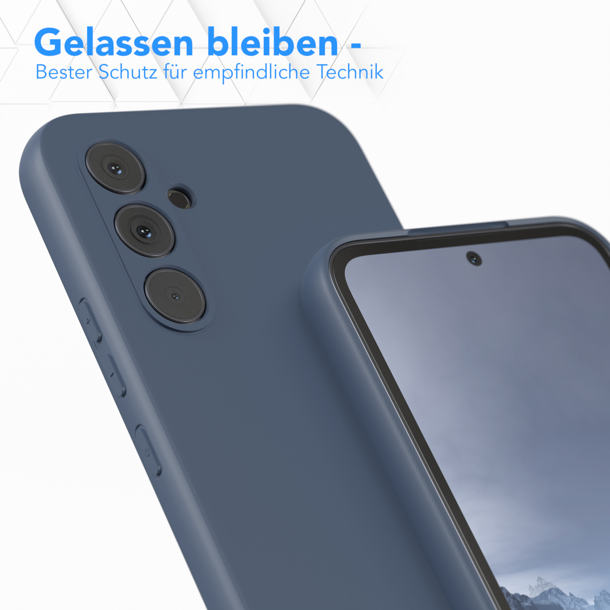 Blaue Handyhülle mit Telefon und drei Kameras. Text auf Deutsch: Gelassen bleiben. Bester Schutz.