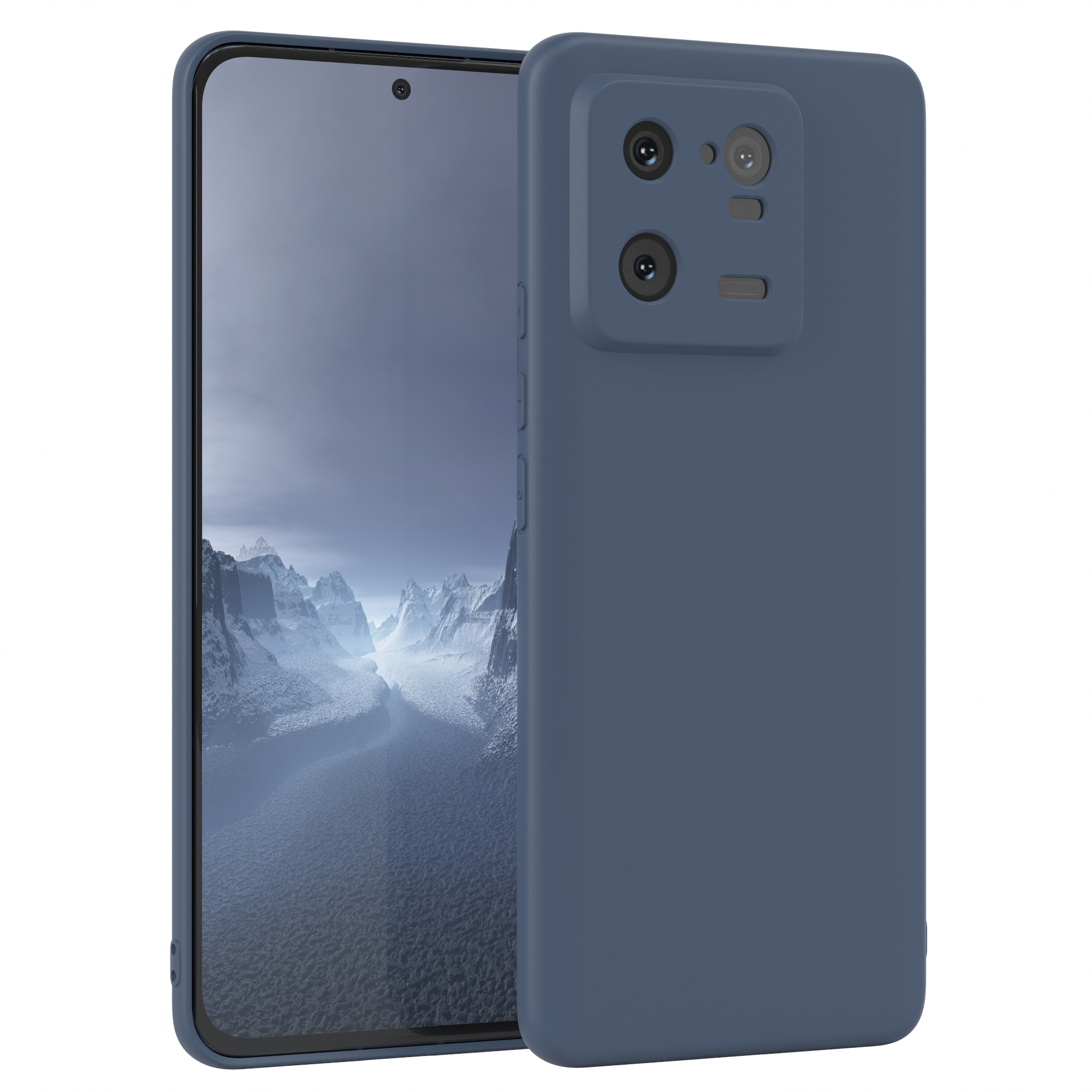 Blaue Handyhülle mit Telefon. Die Hülle bedeckt Rückseite und Seiten.