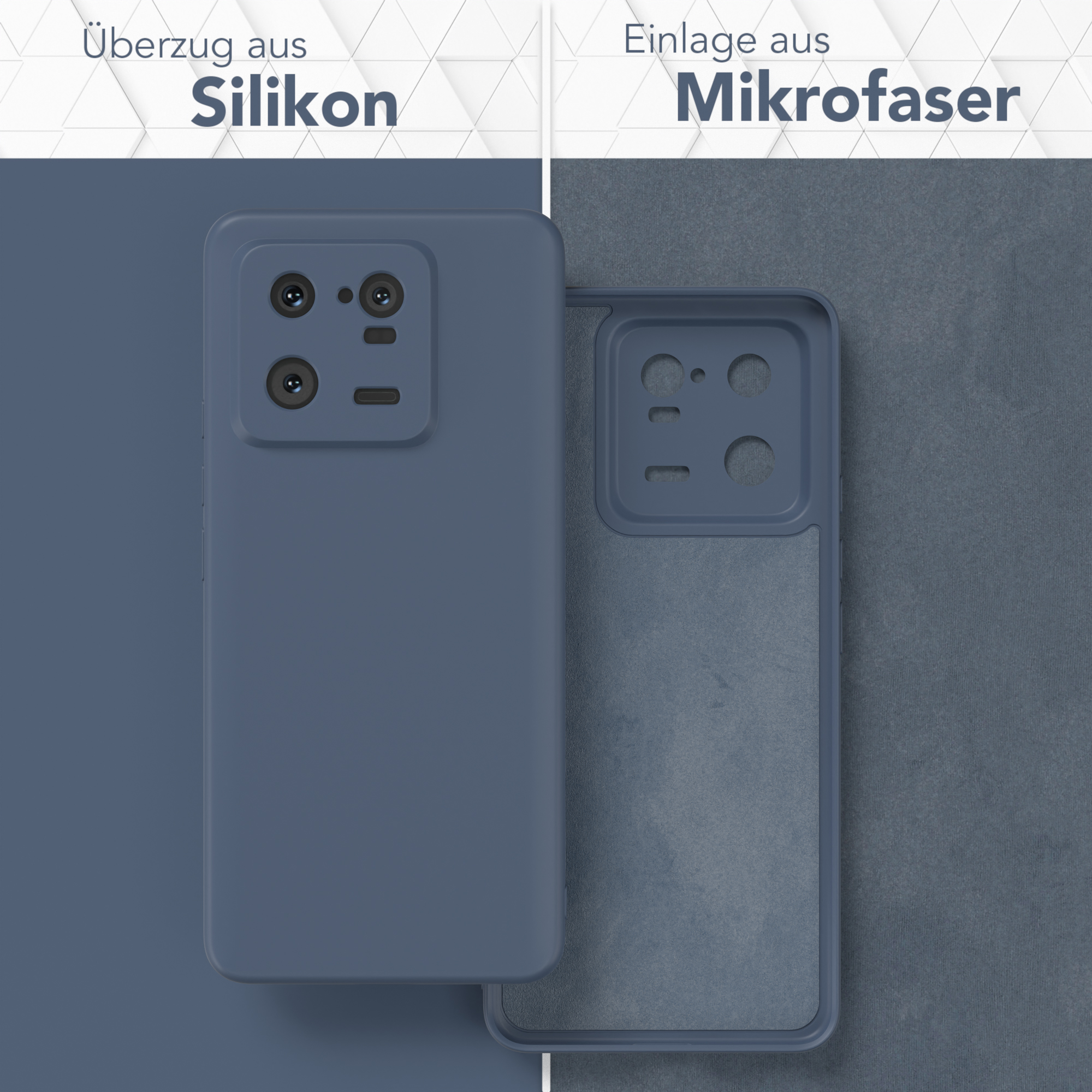 Blaue Handyhülle und ihr Mikrofaser-Innenraum, zeigt Silikon-Außen- und Innenstoff.