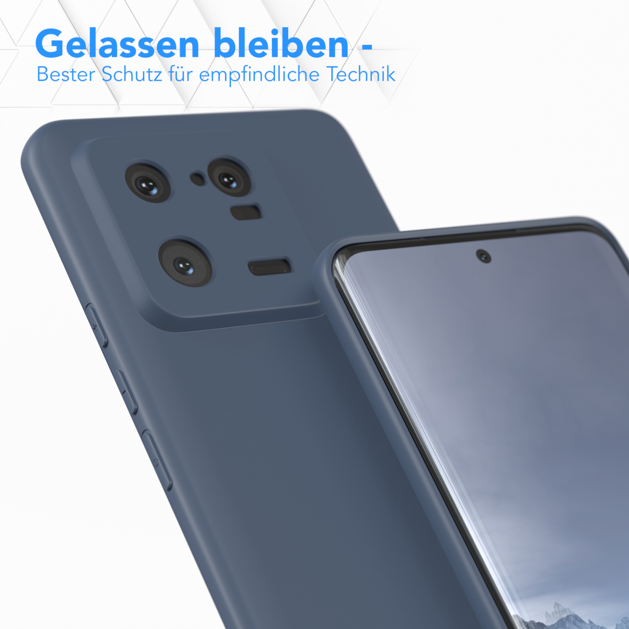 Zwei blaue Telefone, eines zeigt die Rückseite. Der Text lautet: Gelassen bleiben - Bester Schutz.