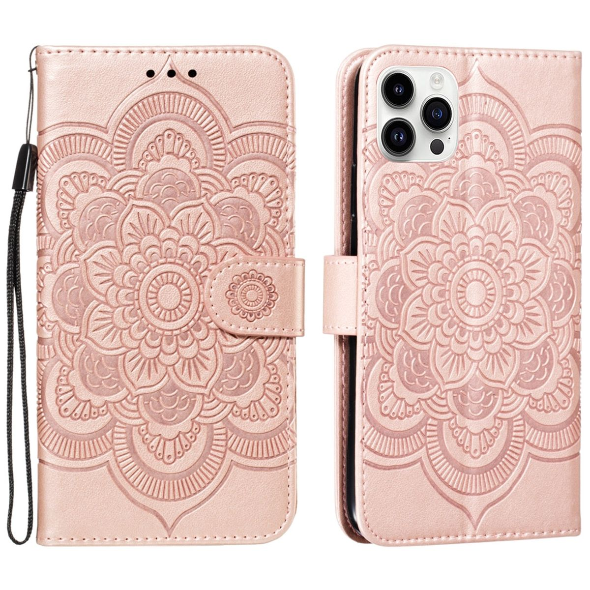 Rosa Handyhülle mit Blumenmuster, offen mit Telefon und Kartenfächern. Weißer Hintergrund.