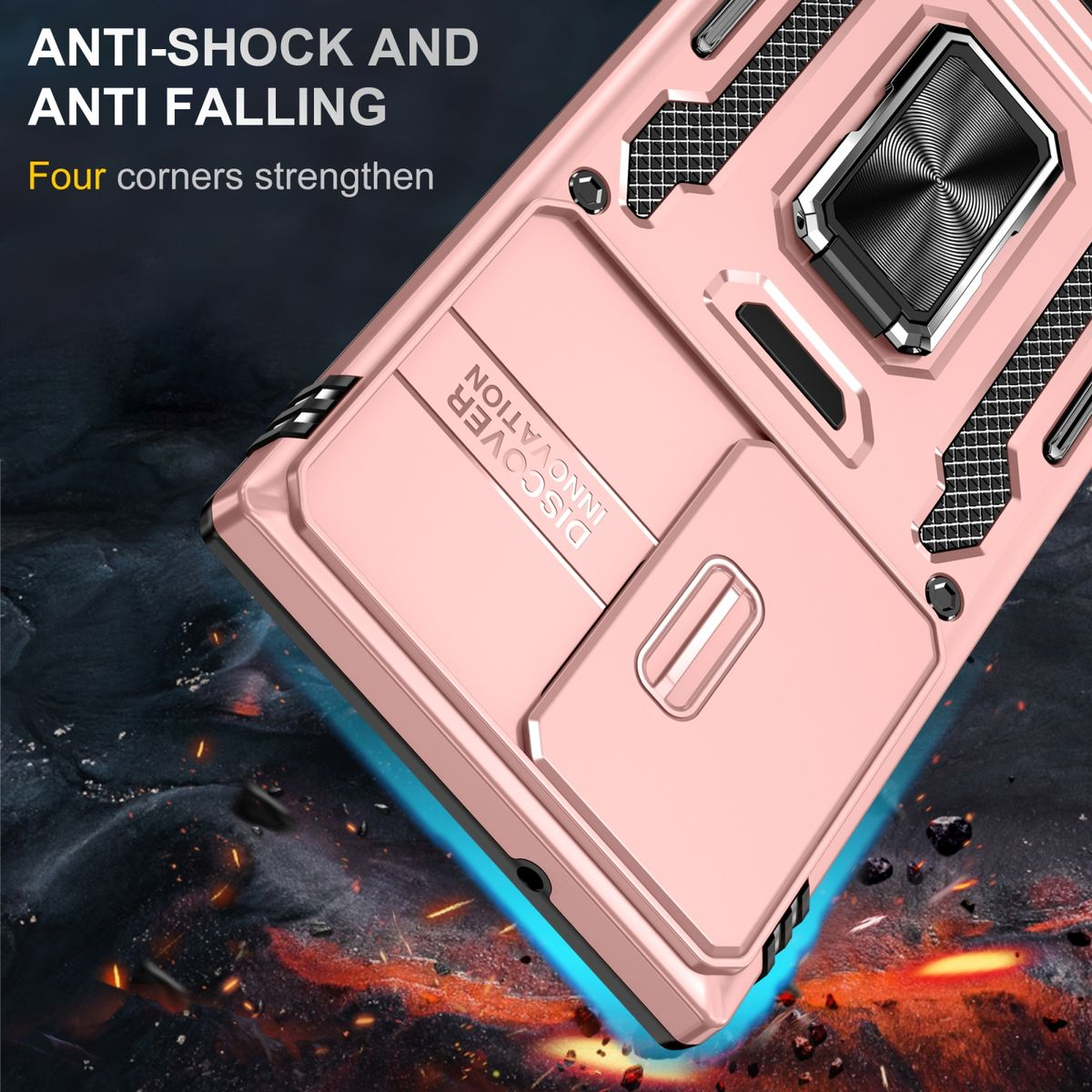 Eine rosa Handyhülle mit Metallring und Schiebeabdeckung. Text: 'ANTI-SHOCK AND ANTI FALLING Four corners strengthen'.