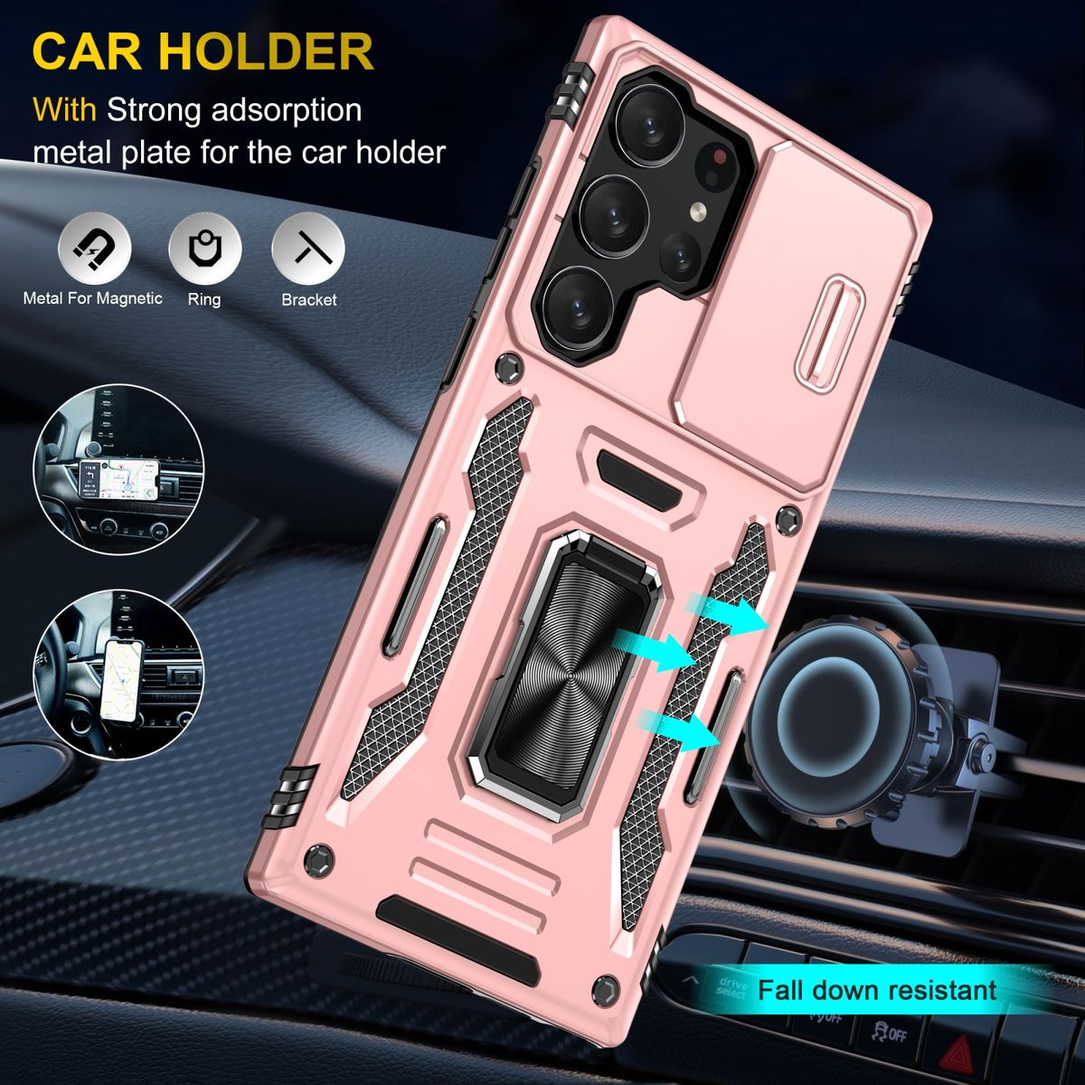 Rosa Handyhülle mit einer Metallhalterung für die Autohalterung.