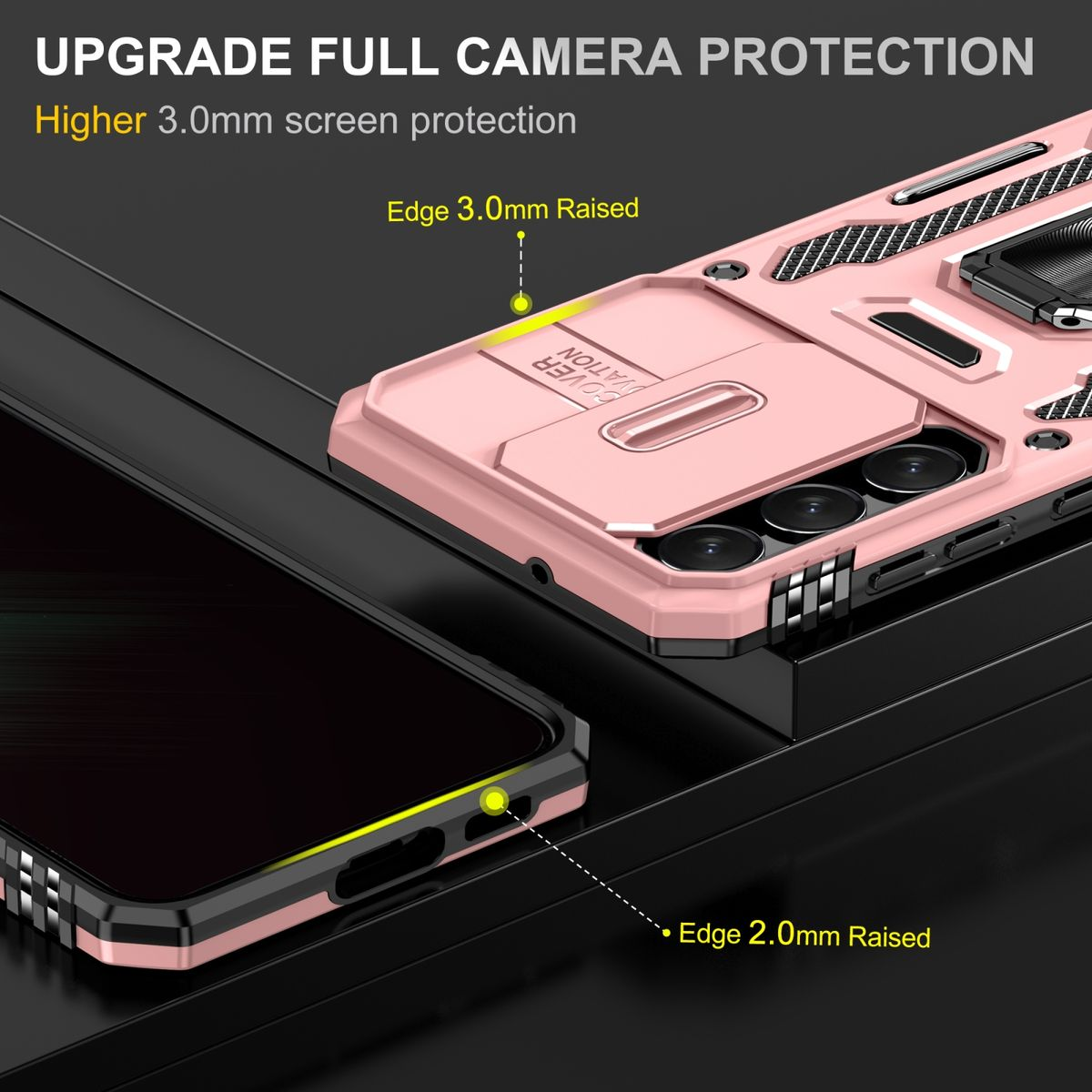 Eine rosa Handyhülle schützt ein Telefon. Details umfassen erhöhte Kanten für Kamera- und Bildschirmschutz.