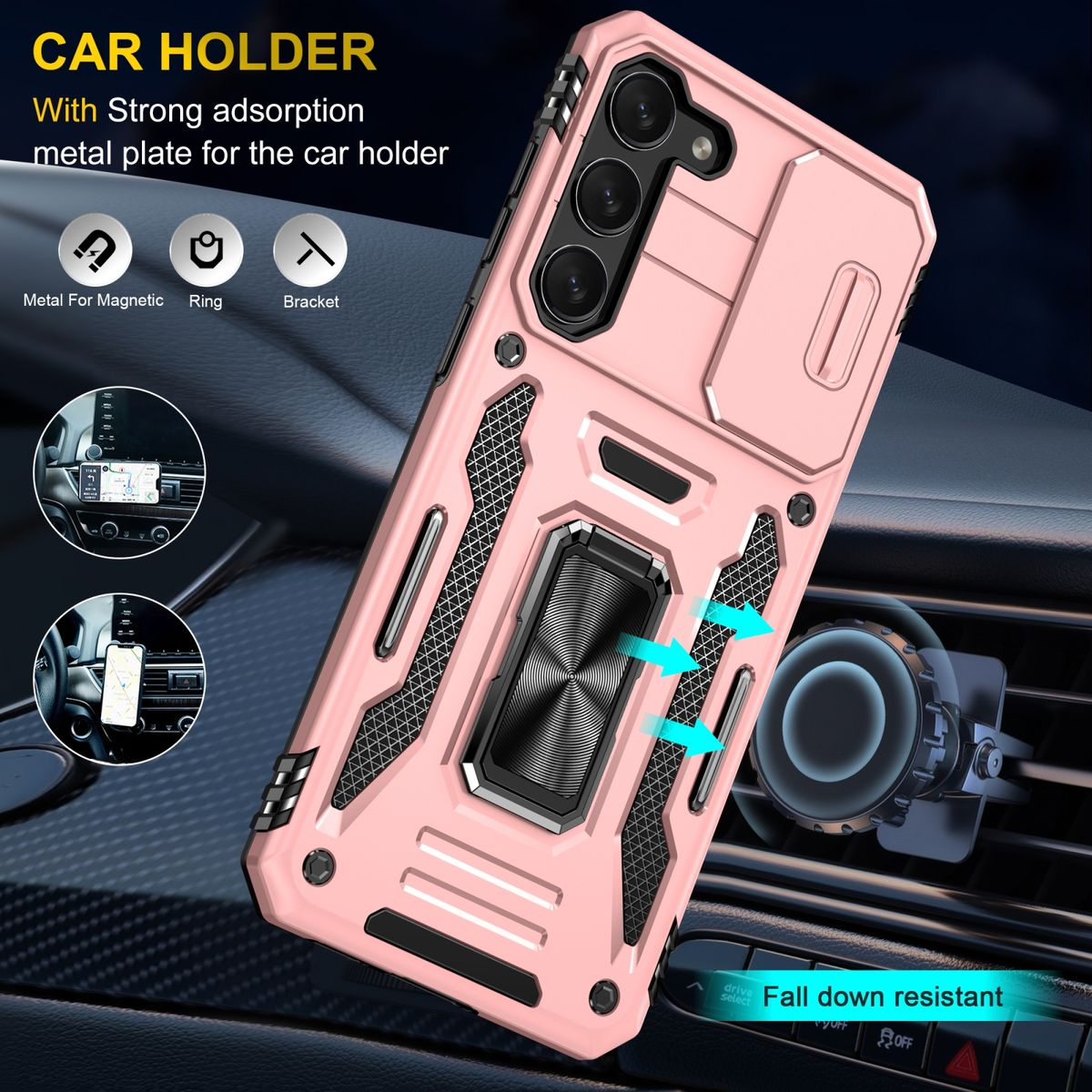 Pinkfarbene Handyhülle mit Ringständer und Bild eines Autohalters. Schwarzer Hintergrund.