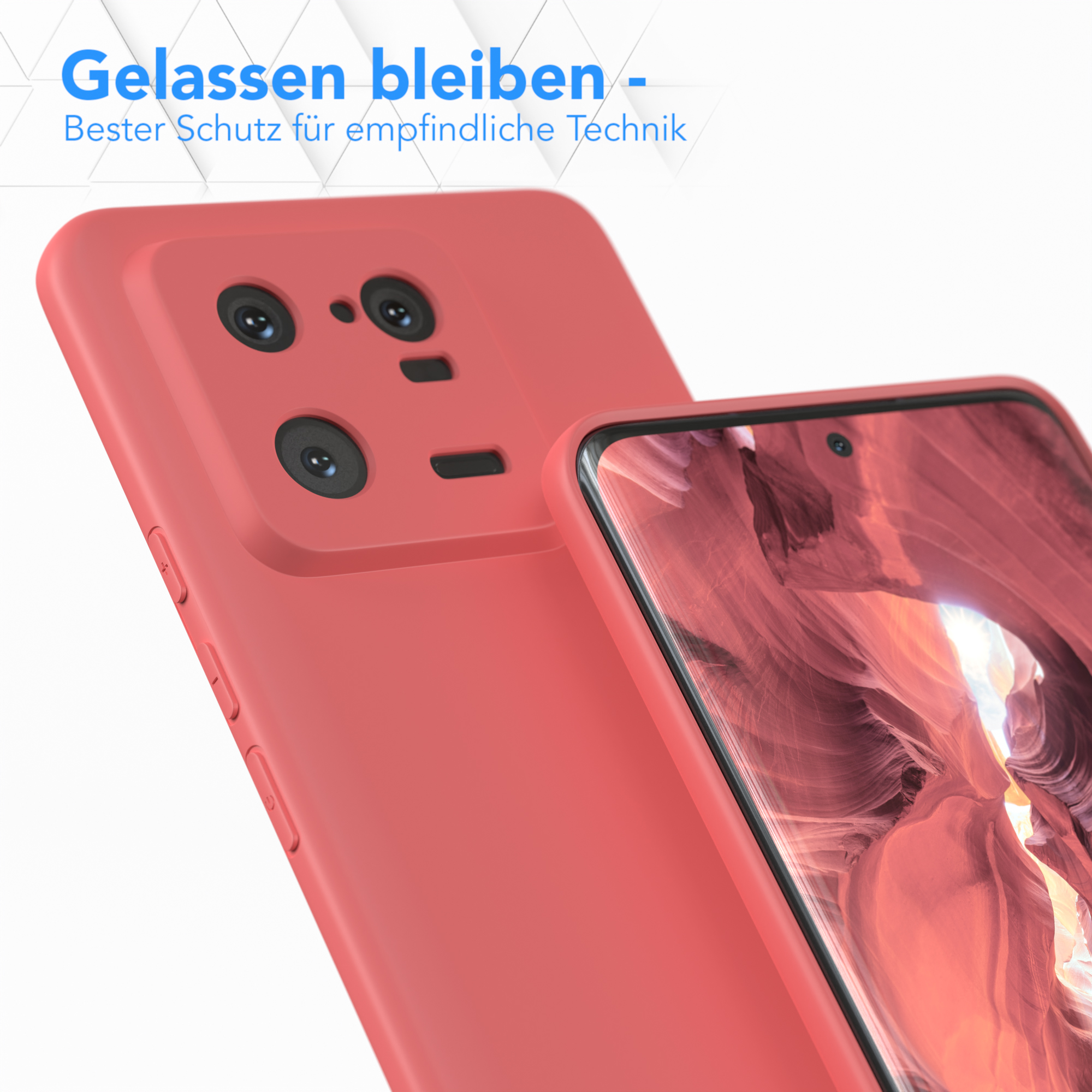 Eine rosa Handyhülle mit einem Telefon. Die Kamera des Telefons ist sichtbar.