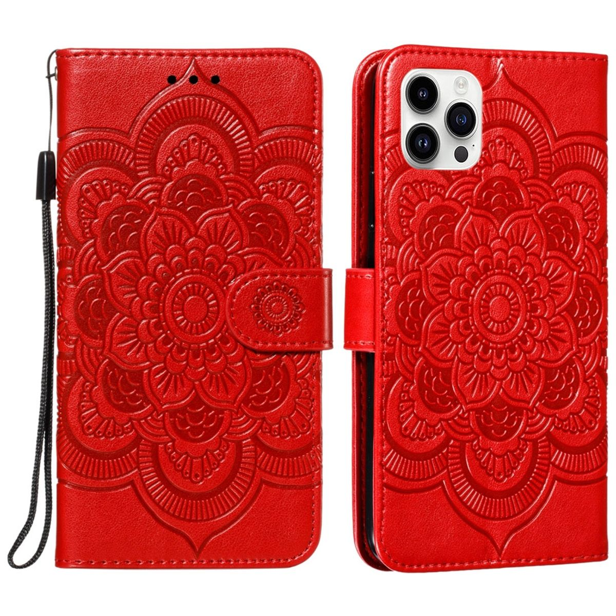 Rote Leder-Handyhülle mit Blumenmuster, geöffnet, um das Telefon zu zeigen.