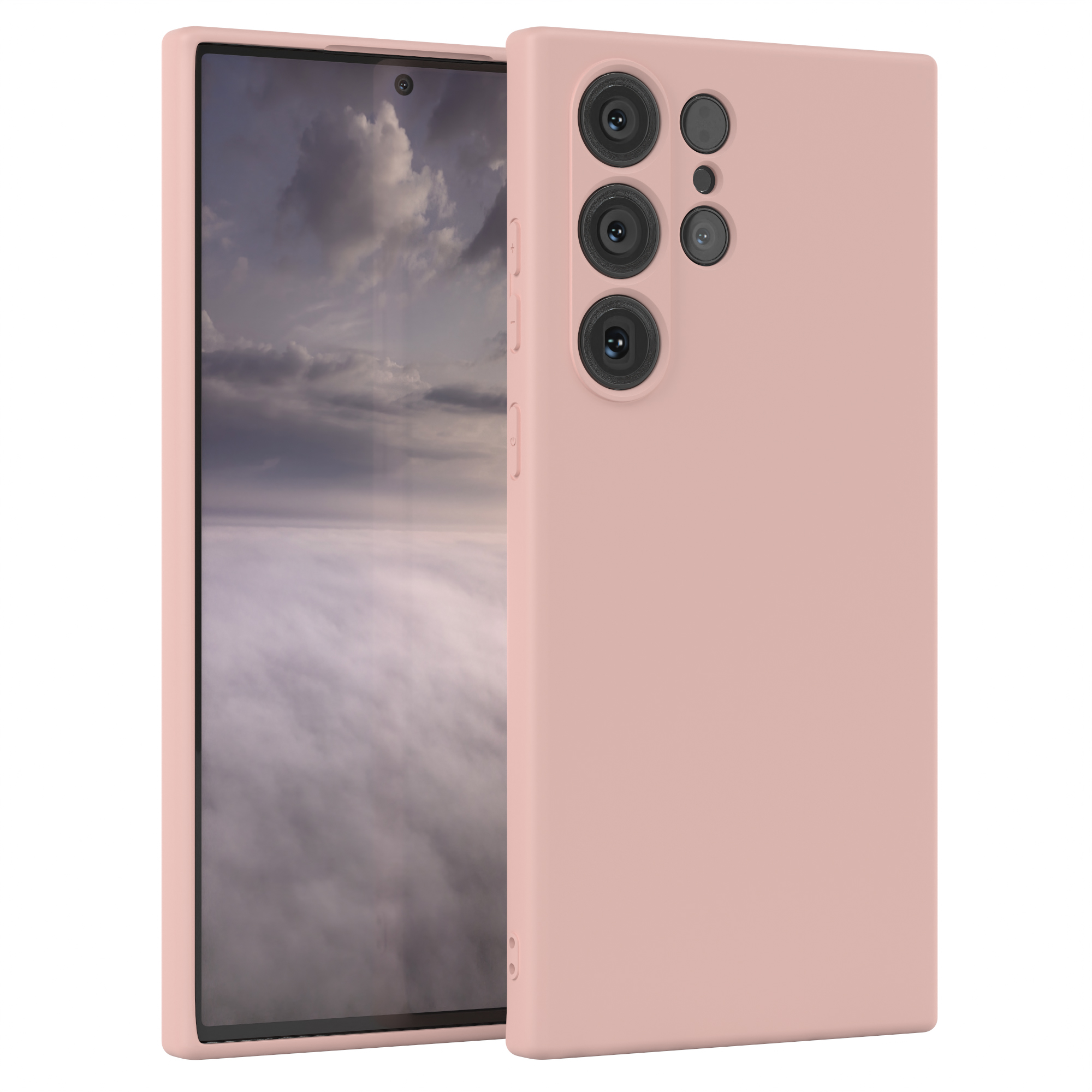 Ein rosa Telefon mit Hülle. Das Telefon ist rechts, Kamera sichtbar. Der Hintergrund ist unscharf.