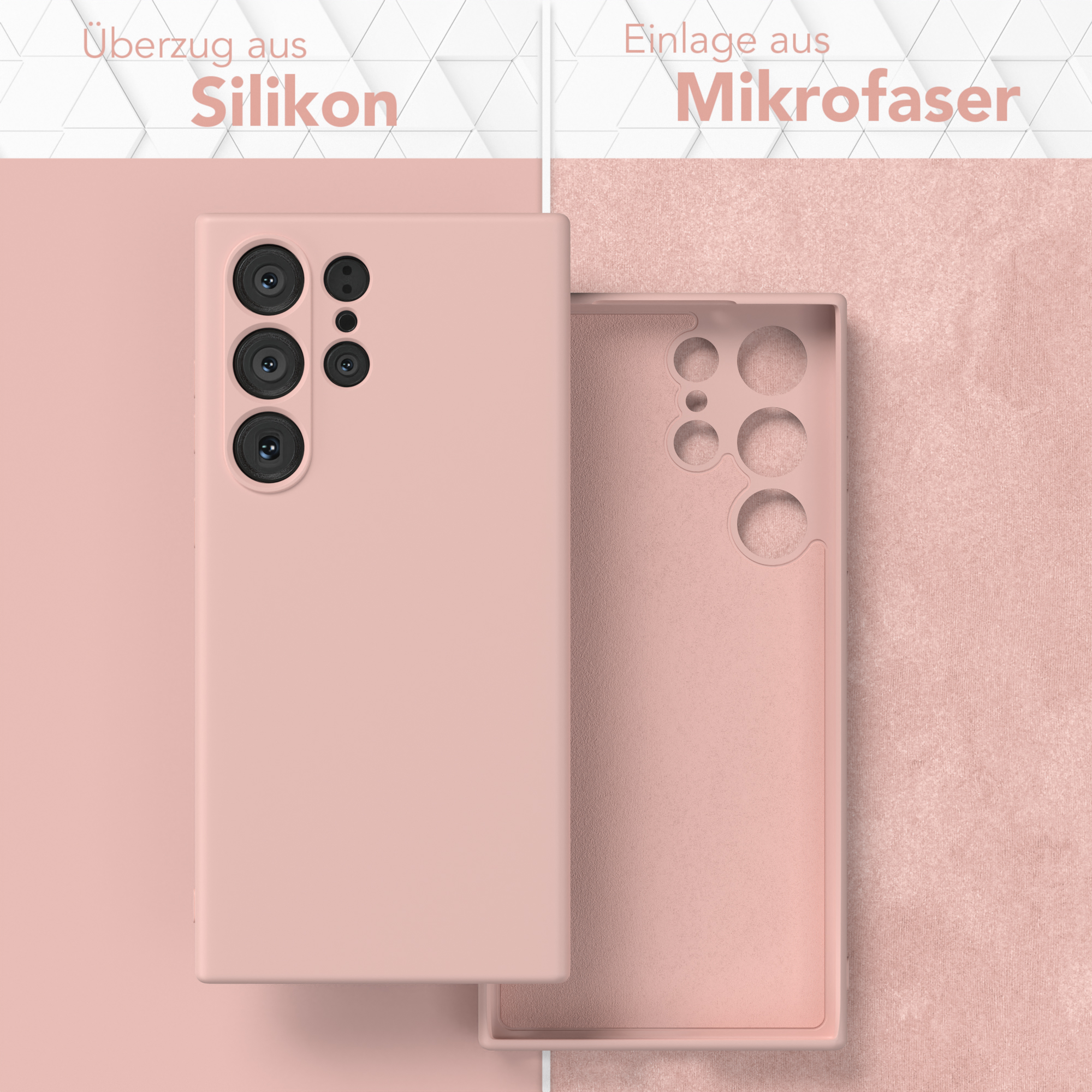 Zwei Handyhüllen, eine montiert. Die obere Hülle ist aus pinkfarbenem Silikon, die Innenseite aus Mikrofaser.