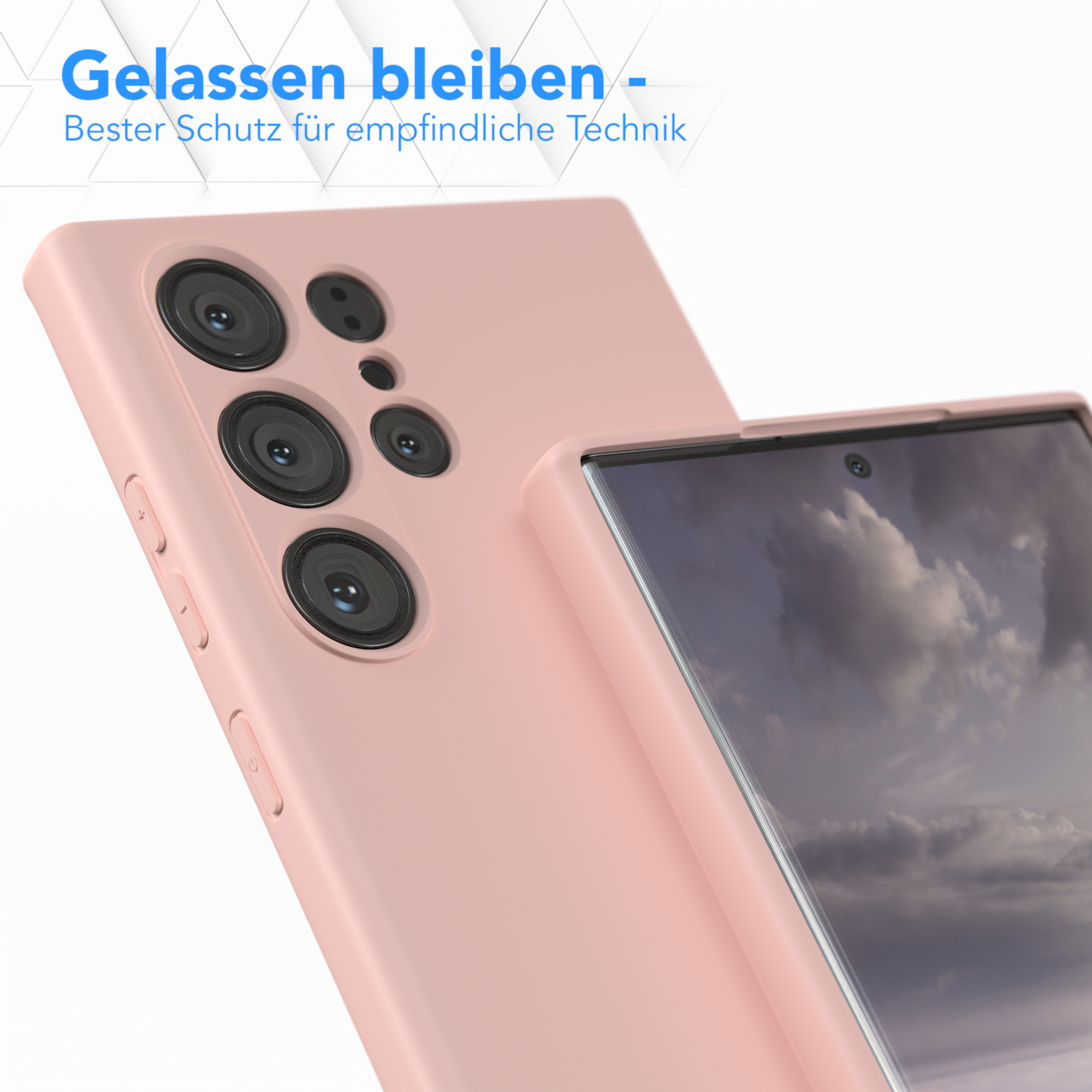 Eine rosa Handyhülle schützt ein Telefon. Die Hülle ist nah, mit Text oben.