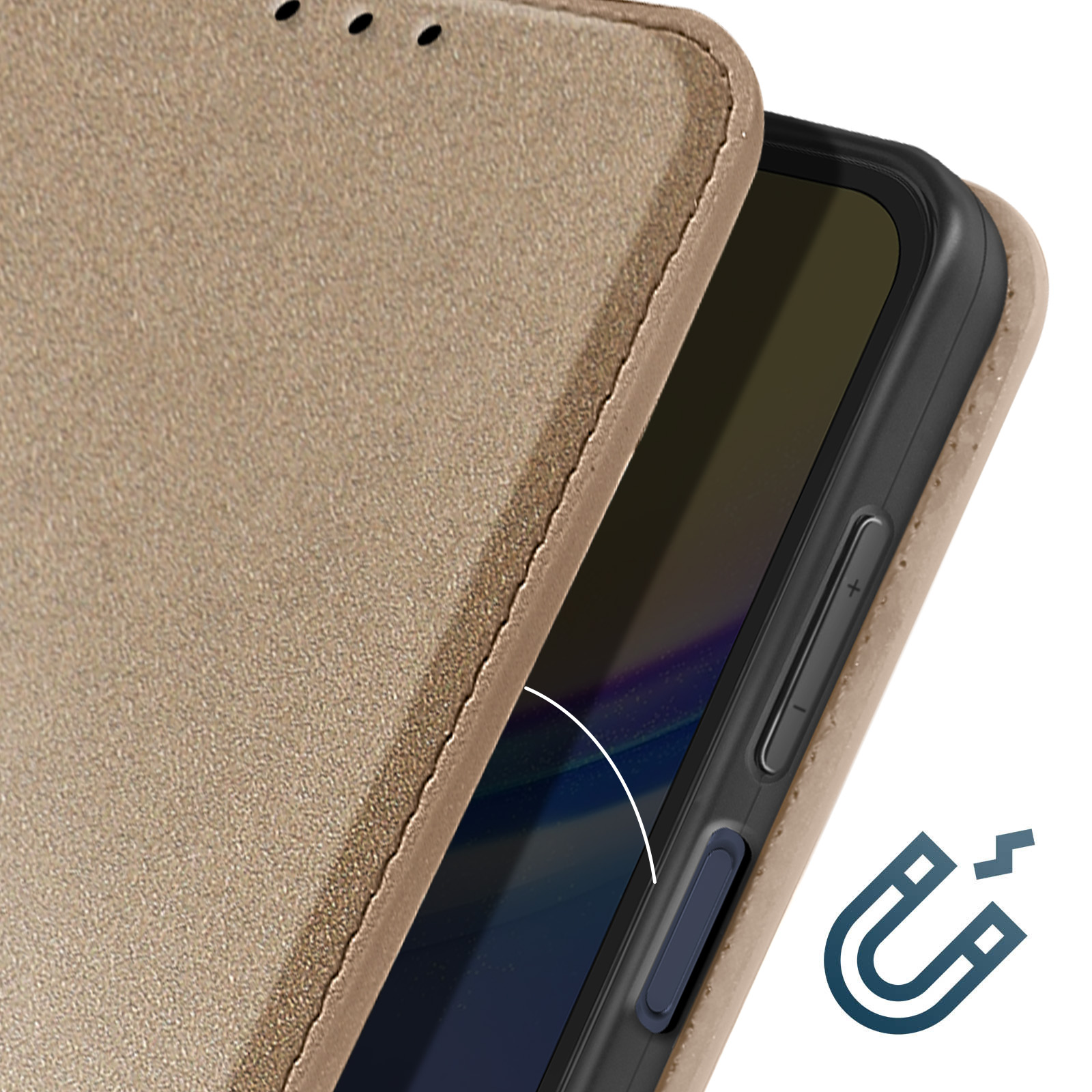 Primo piano di una custodia per telefono, che mostra una funzione di chiusura magnetica. La custodia è color beige.