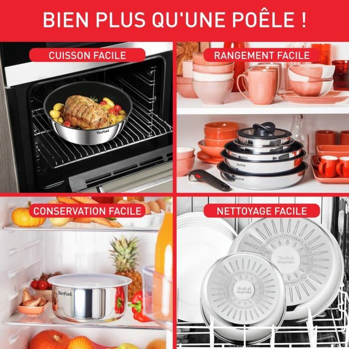 Eine Collage von Küchenartikeln: eine Pfanne mit Essen, ein Regal mit Tassen, Kühlschrank mit Essen und Pfannen.