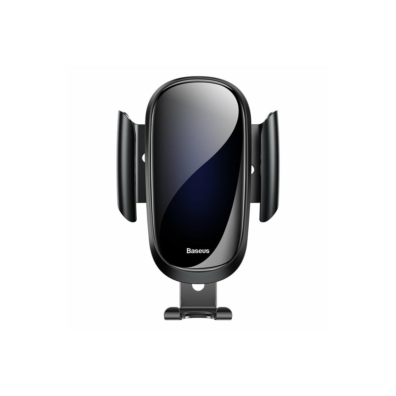 Supporto per telefono da auto nero con logo Baseus. Ha un supporto per telefono e una base regolabile.