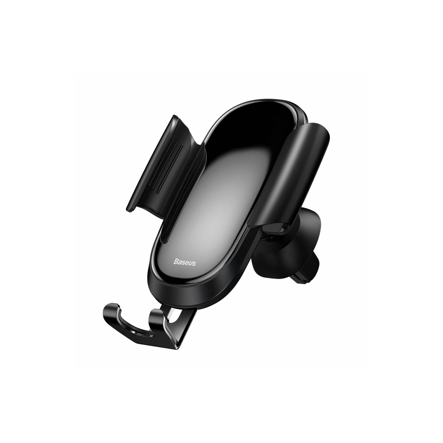 Supporto per telefono nero per auto, isolato su sfondo bianco.