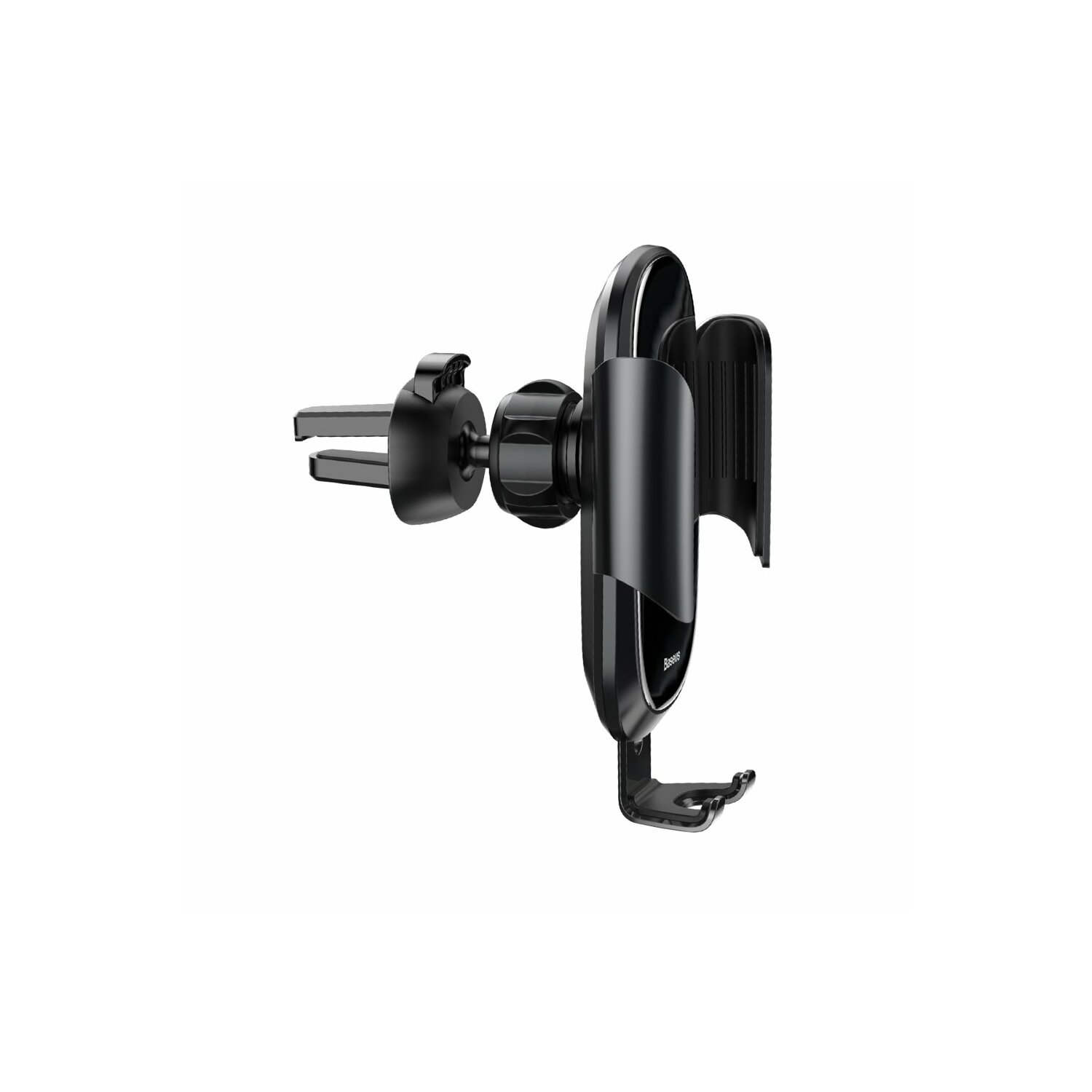 Supporto nero per telefono da auto, montato su sfondo bianco. Ha una clip per l'aerazione.