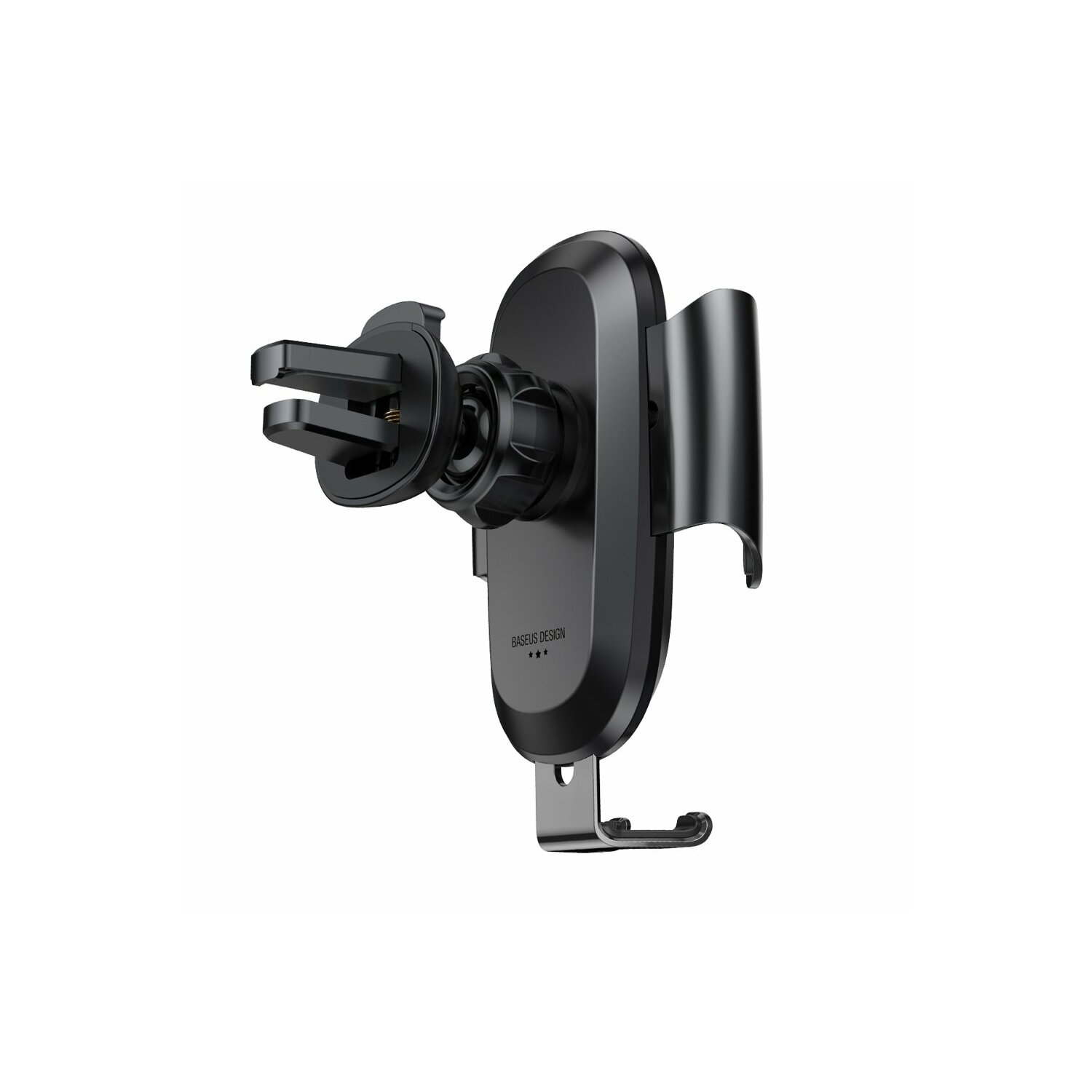 Supporto nero per telefono da auto con logo Baseus. Ha un morsetto e un braccio di supporto.