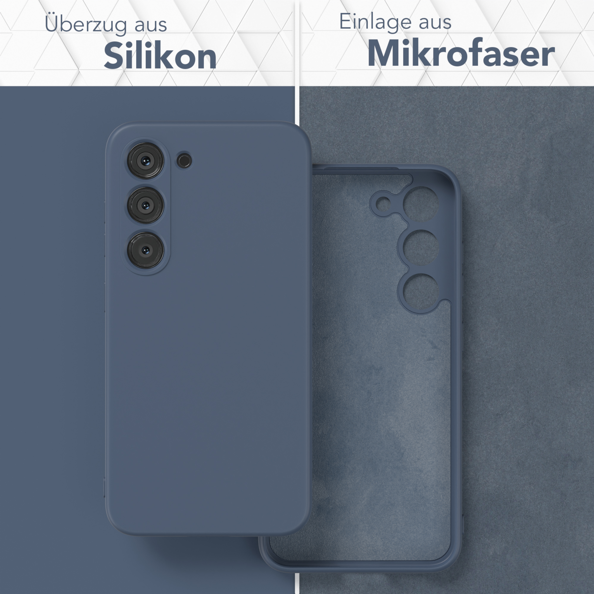 Zwei blaue Handyhüllen. Eine montiert, die andere demontiert. Text zeigt Silikon- und Mikrofaser.