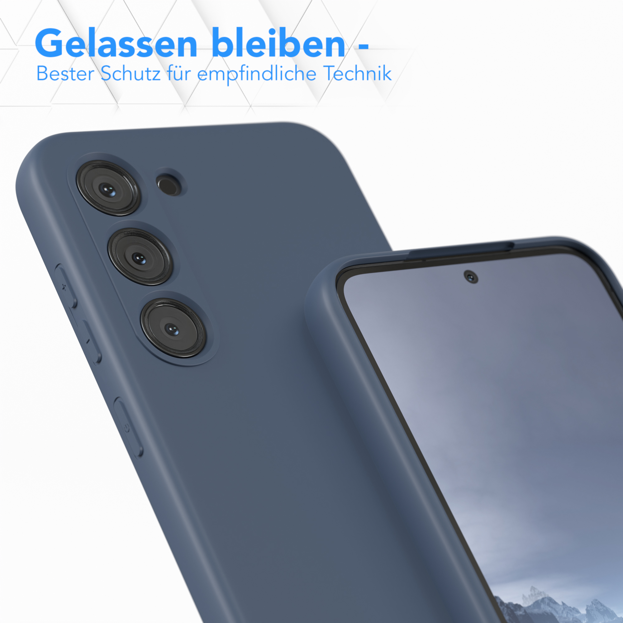 Eine blaue Handyhülle mit einem Telefon darin. Text auf Deutsch. Telefon ist sichtbar.