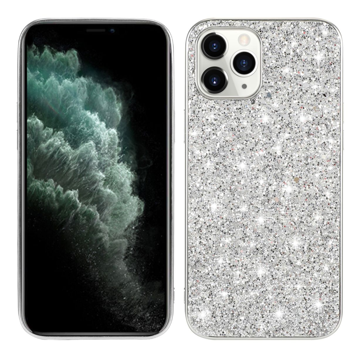 Ein Telefon mit einem Bildschirm, der ein silbernes Bild zeigt, neben seiner glitzernden silbernen Hülle. Weißer Hintergrund.