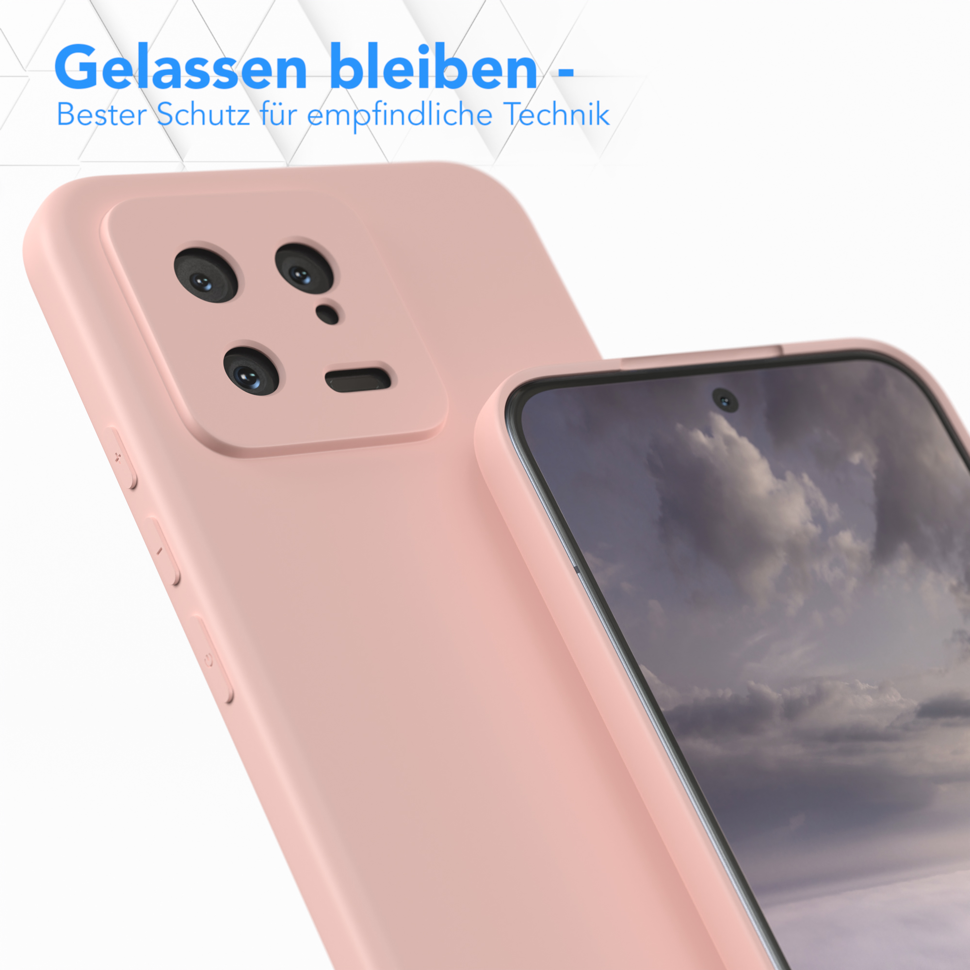 Eine hellrosa Handyhülle, mit sichtbarem Kamerabereich und dem Telefon darin.