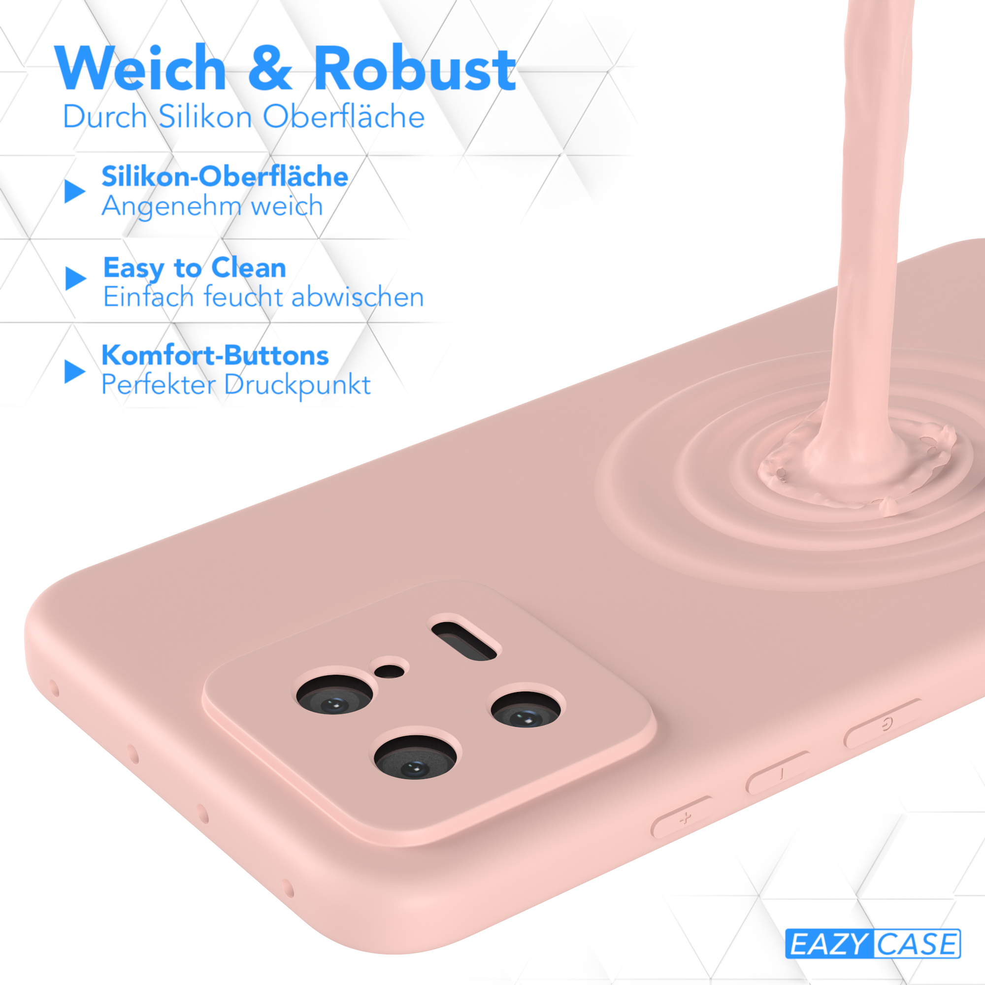 Eine rosa Handyhülle mit einer weichen, rosa Flüssigkeit, die herunterfließt. Text: 'Weich & Robust Durch Silikon Oberfläche'.