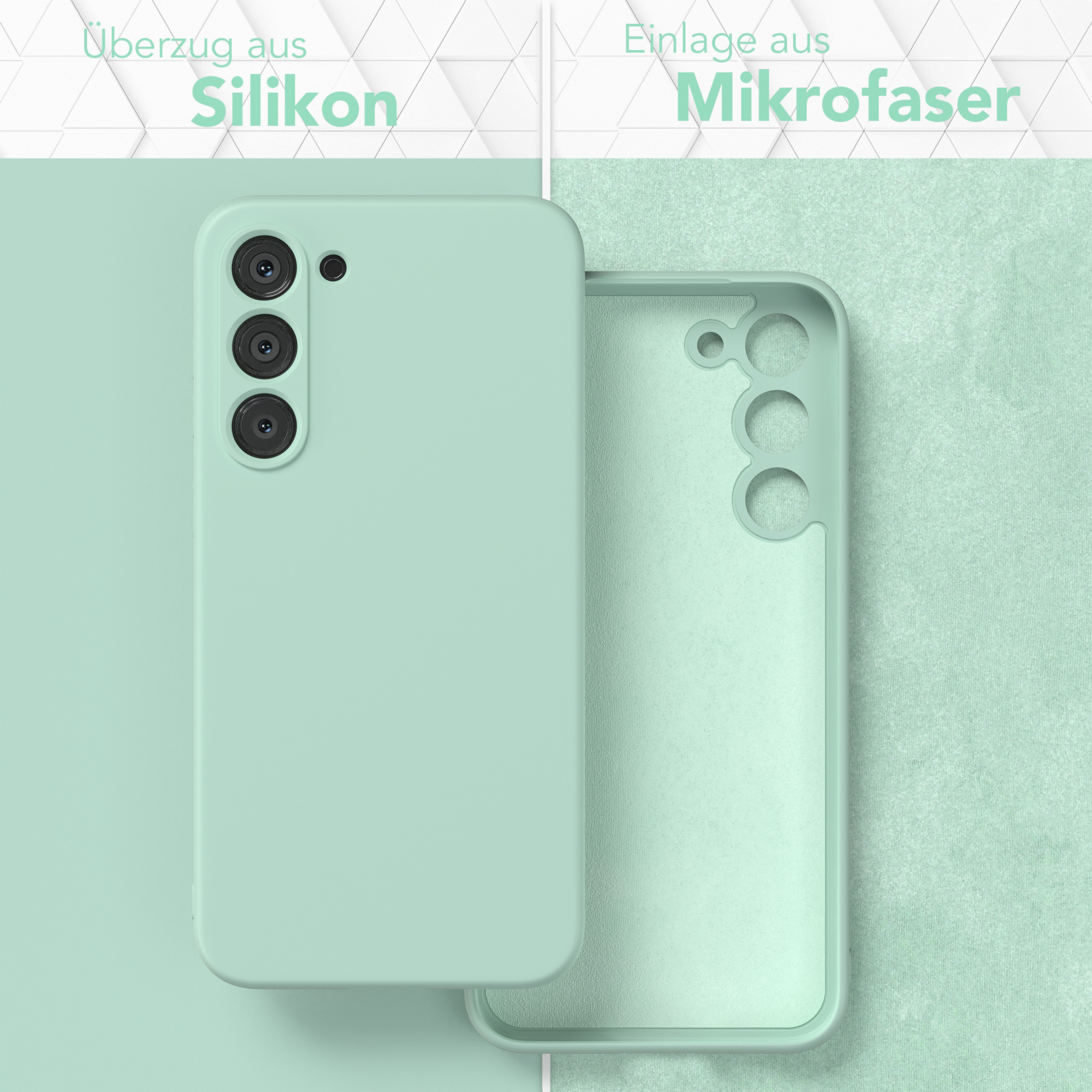Minzgrüne Handyhülle mit Silikon außen und Mikrofaser innen. Zwei Hälften gezeigt, Textbeschriftungen.