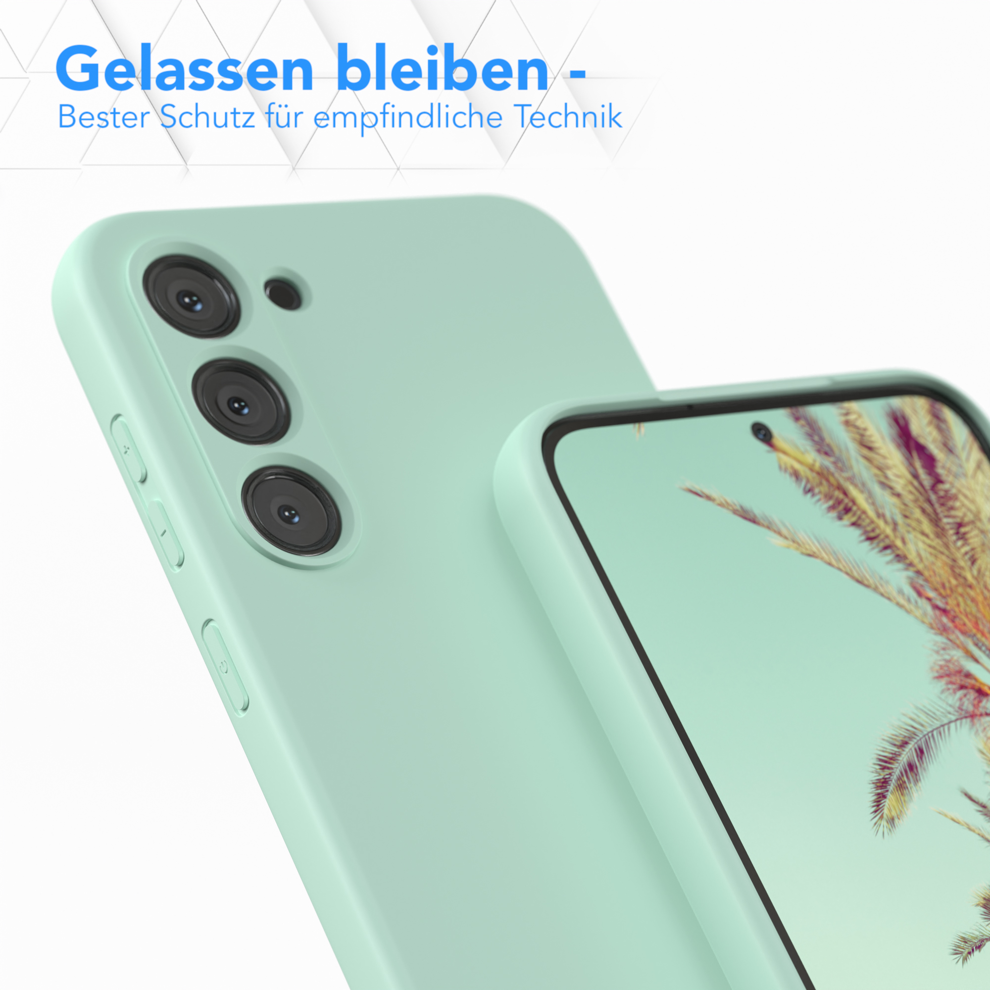 Zwei mintgrüne Handyhüllen. Eine zeigt den Bildschirm des Telefons.