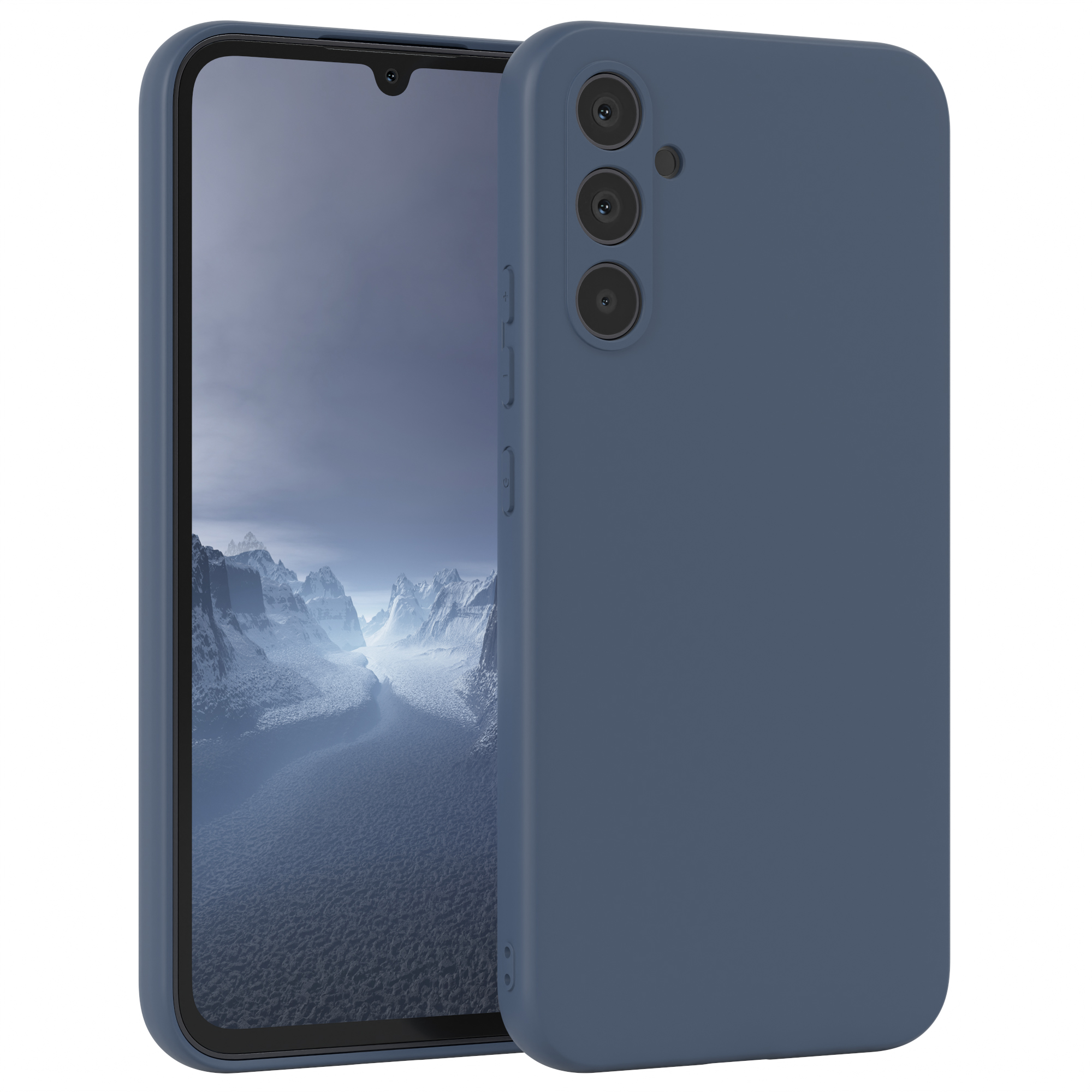 Blaue Handyhülle mit einem Telefon darin. Das Telefon hat einen Bildschirm und Kameralinsen auf der Rückseite.