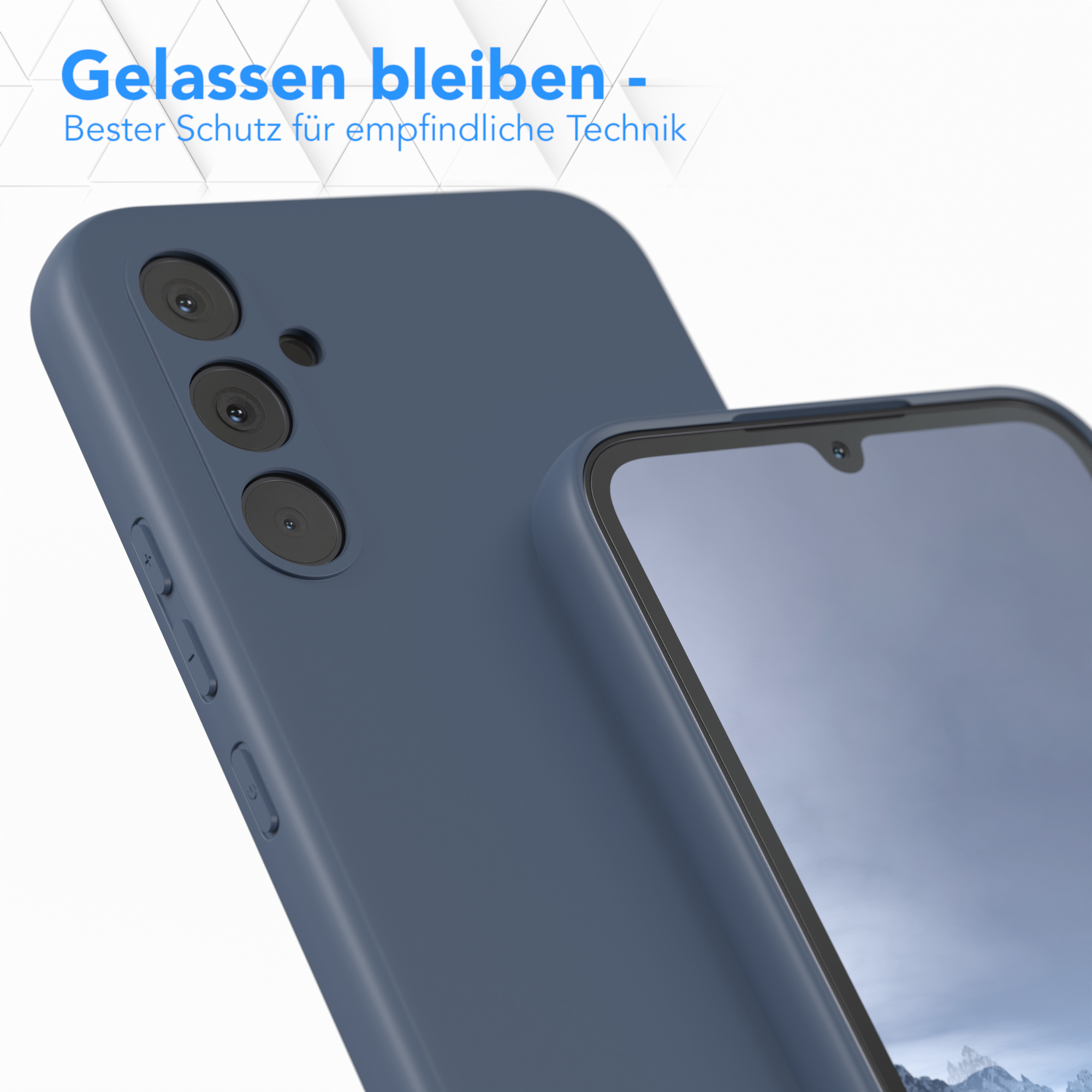 Eine blaue Handyhülle mit einem Telefon. Die Kamera des Telefons ist sichtbar.