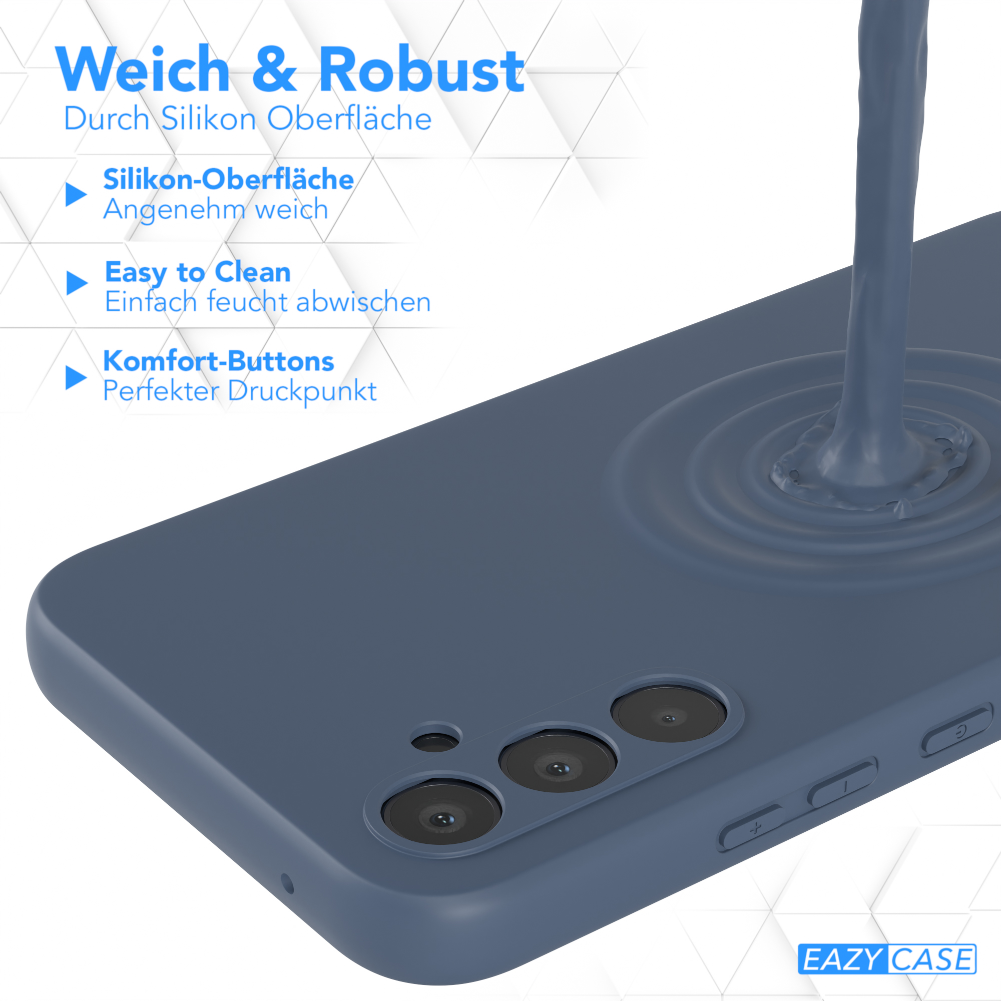 Blaue Handyhülle mit Flüssigkeitseffekt. Das Design zeigt einen Spritzer blauer Flüssigkeit mit drei Kameralöchern.