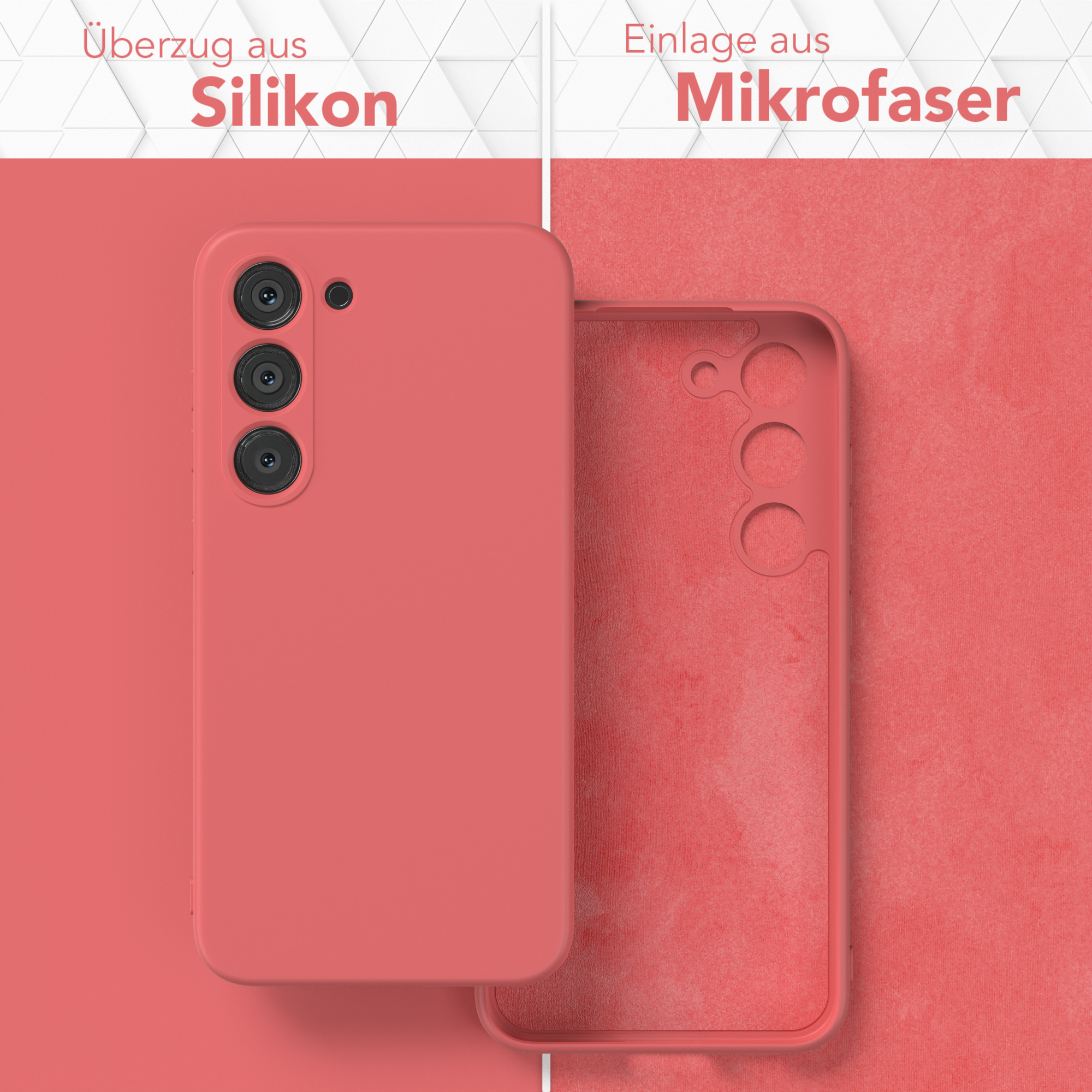 Korallfarbene Handyhülle mit Silikonaußenseite und Mikrofaser-Innenseite.