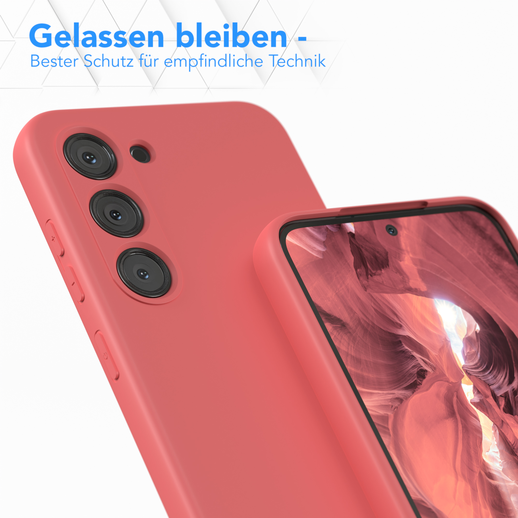 Zwei rote Handyhüllen. Eine ist geschlossen, die andere zeigt ein Telefon. Der Hintergrund ist hellblau.