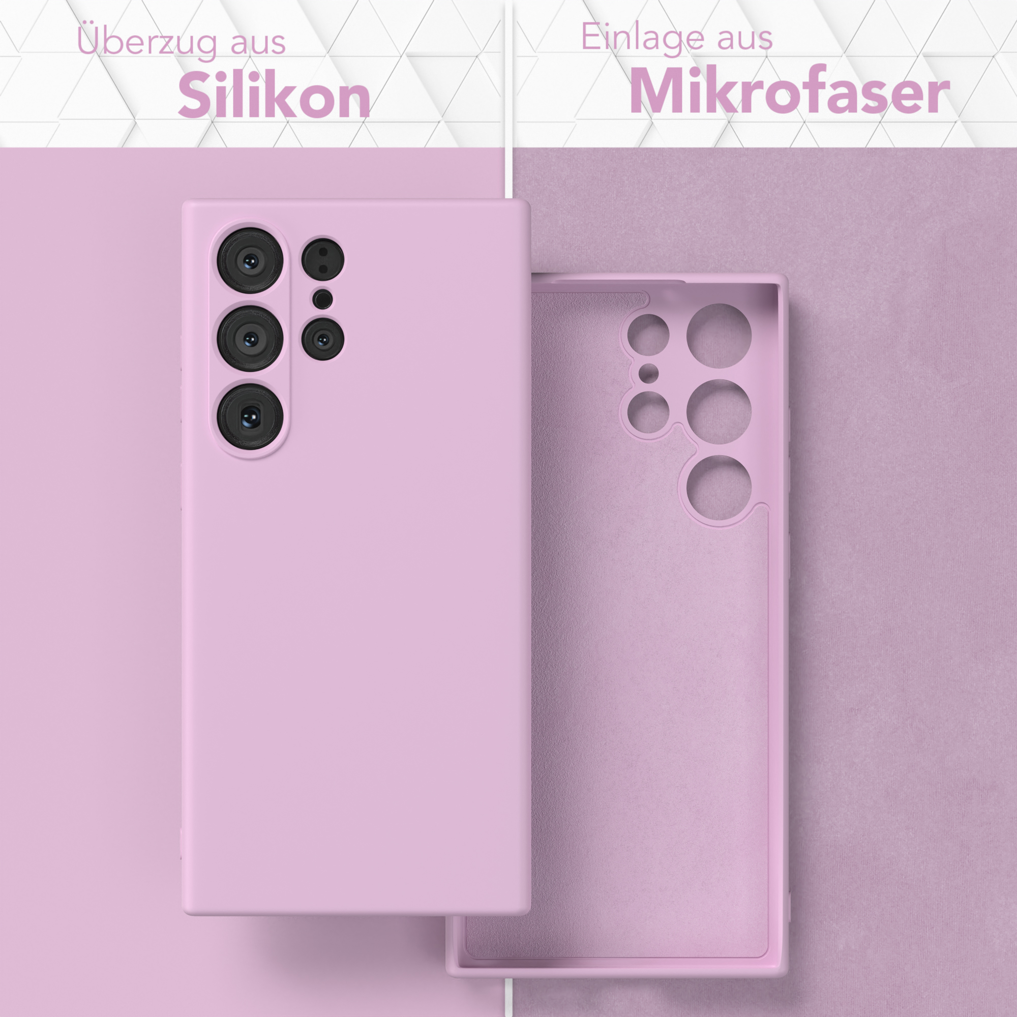 Zwei pinke Handyhüllen, eine montiert, eine demontiert, gekennzeichnet mit Silikon und Mikrofaser.