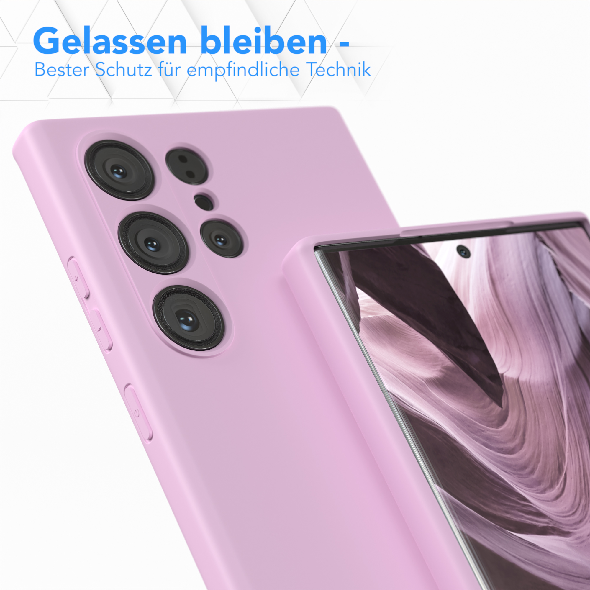 Rosa Handyhülle und Handy. Die Hülle ist rosa, das Handy ist schwarz.
