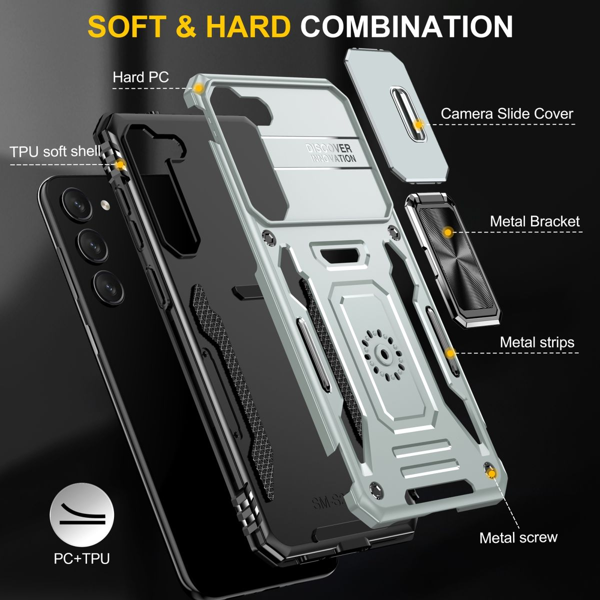 Handyhüllen-Komponenten. Hartes PC, TPU-Weichschale, Kameraschiebeabdeckung, Metallhalterung.