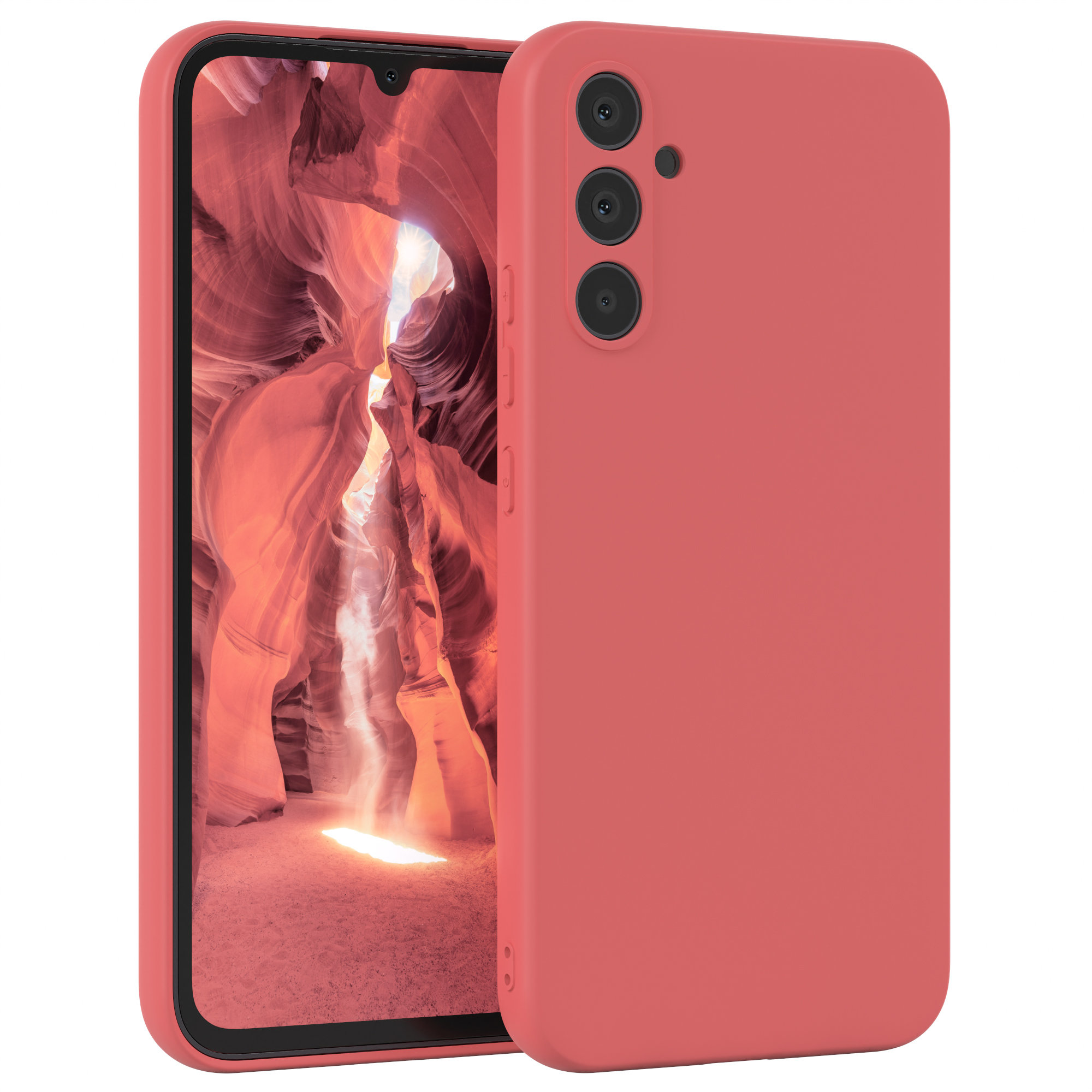 Korallenfarbene Handyhülle mit Telefon darin. Drei Kameras sind auf der Rückseite des Telefons sichtbar.