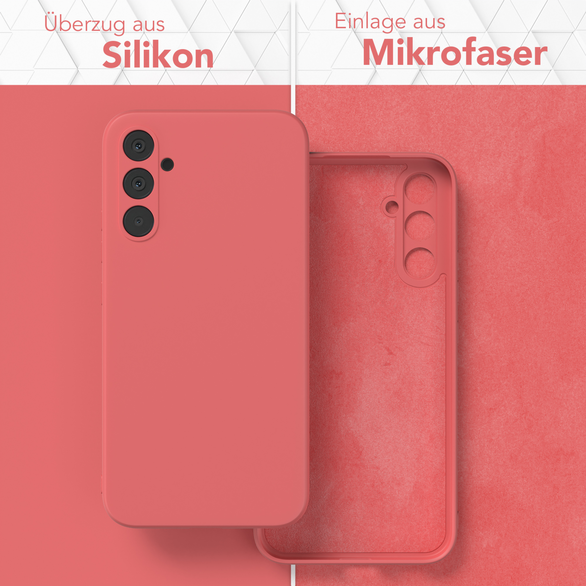 Eine rosa Handyhülle mit Silikonhülle und Mikrofaserfutter. Der Hintergrund ist rosa.