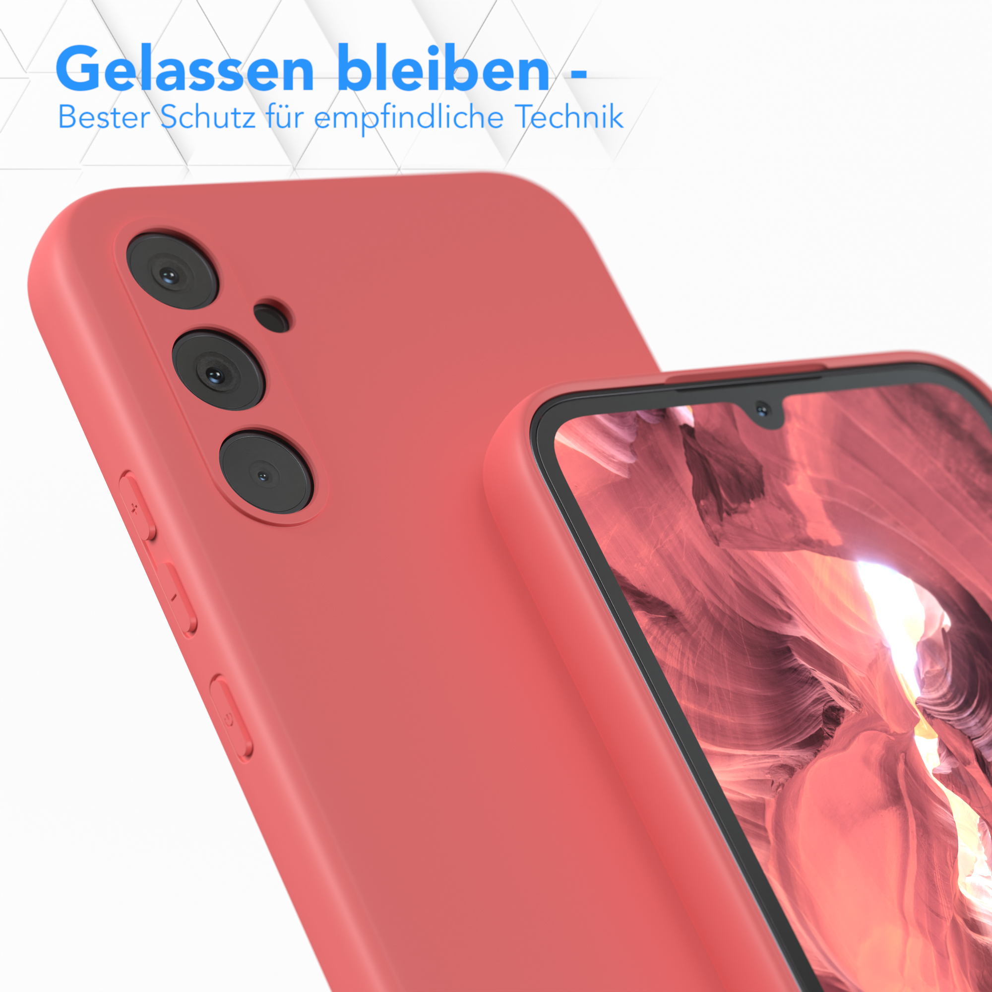 Nahaufnahme einer roten Handyhülle mit einem Telefon darin. Die Hülle hat drei Kameralöcher.