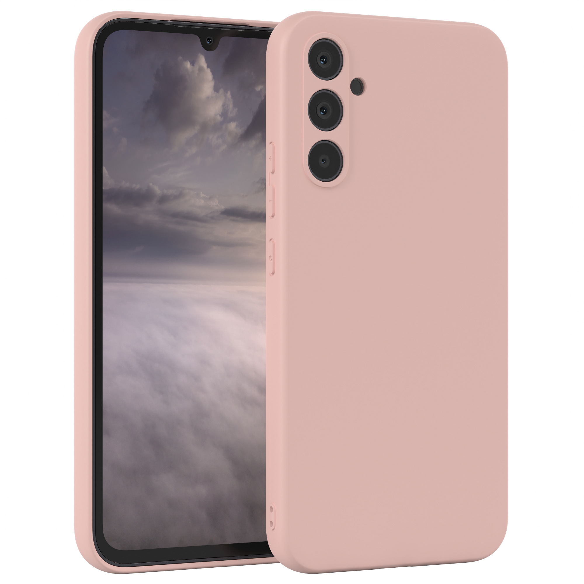Rosa Handyhülle mit Telefon darin. Das Telefon hat drei Kameralinsen und ein Display.