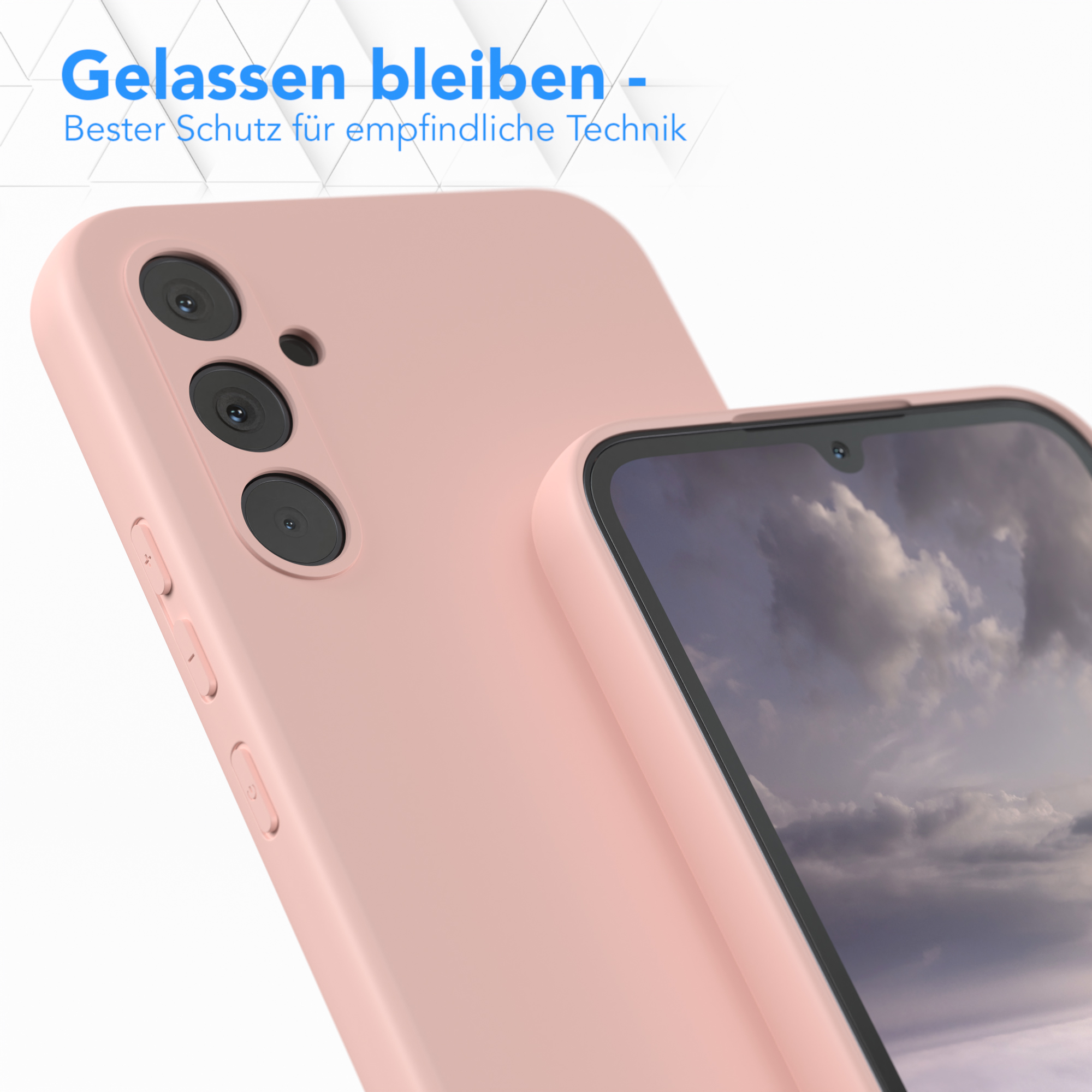 Rosa Handyhülle, Nahaufnahme, Text: Gelassen bleiben - Bester Schutz.